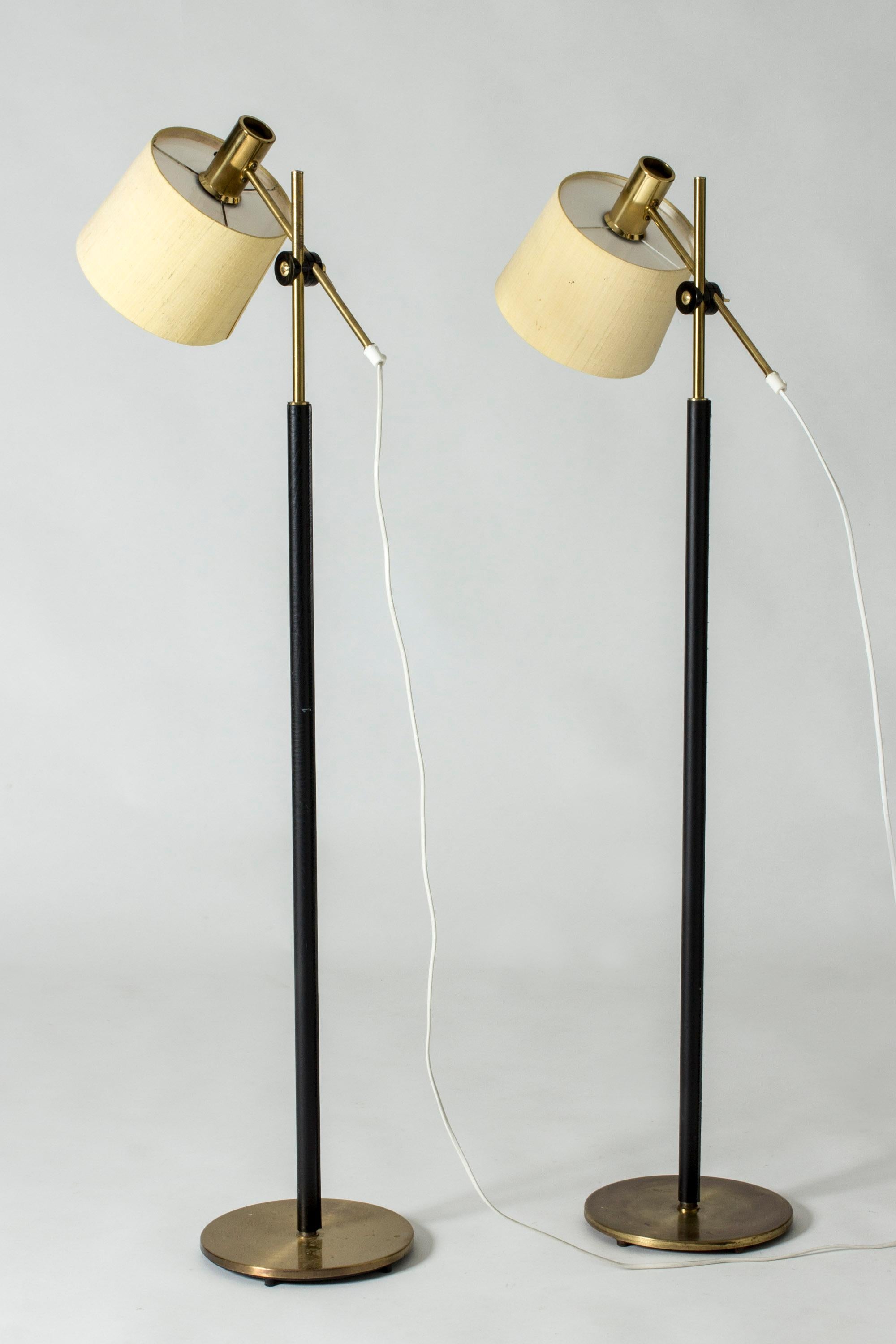Swedish Pair of Leather and Silk Floor Lamps from Falkenbergs Belysning, Sweden, 1960s