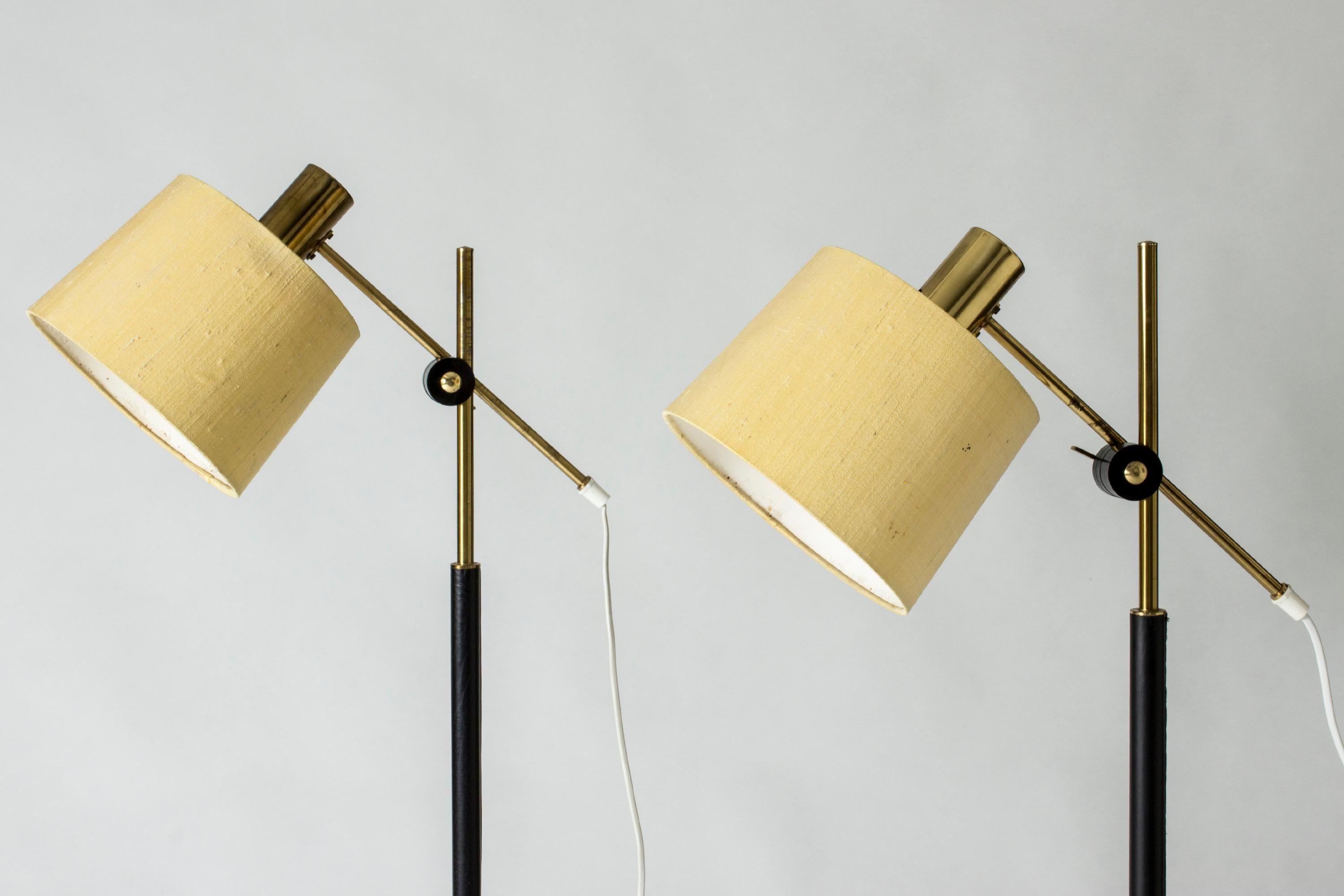Pair of Leather and Silk Floor Lamps from Falkenbergs Belysning, Sweden, 1960s In Good Condition In Stockholm, SE
