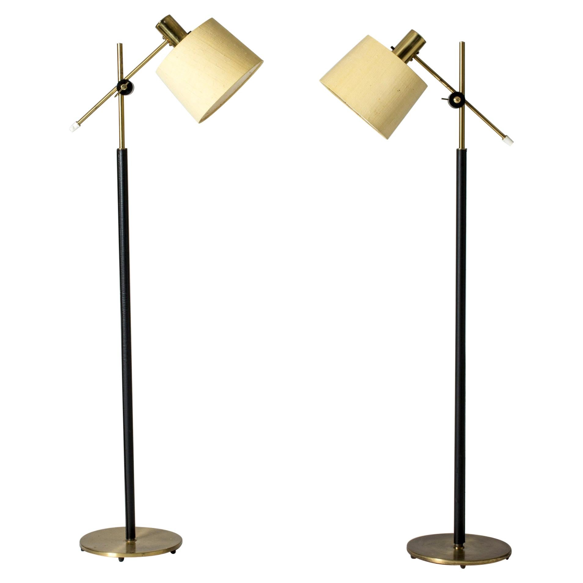 Pair of Leather and Silk Floor Lamps from Falkenbergs Belysning, Sweden, 1960s