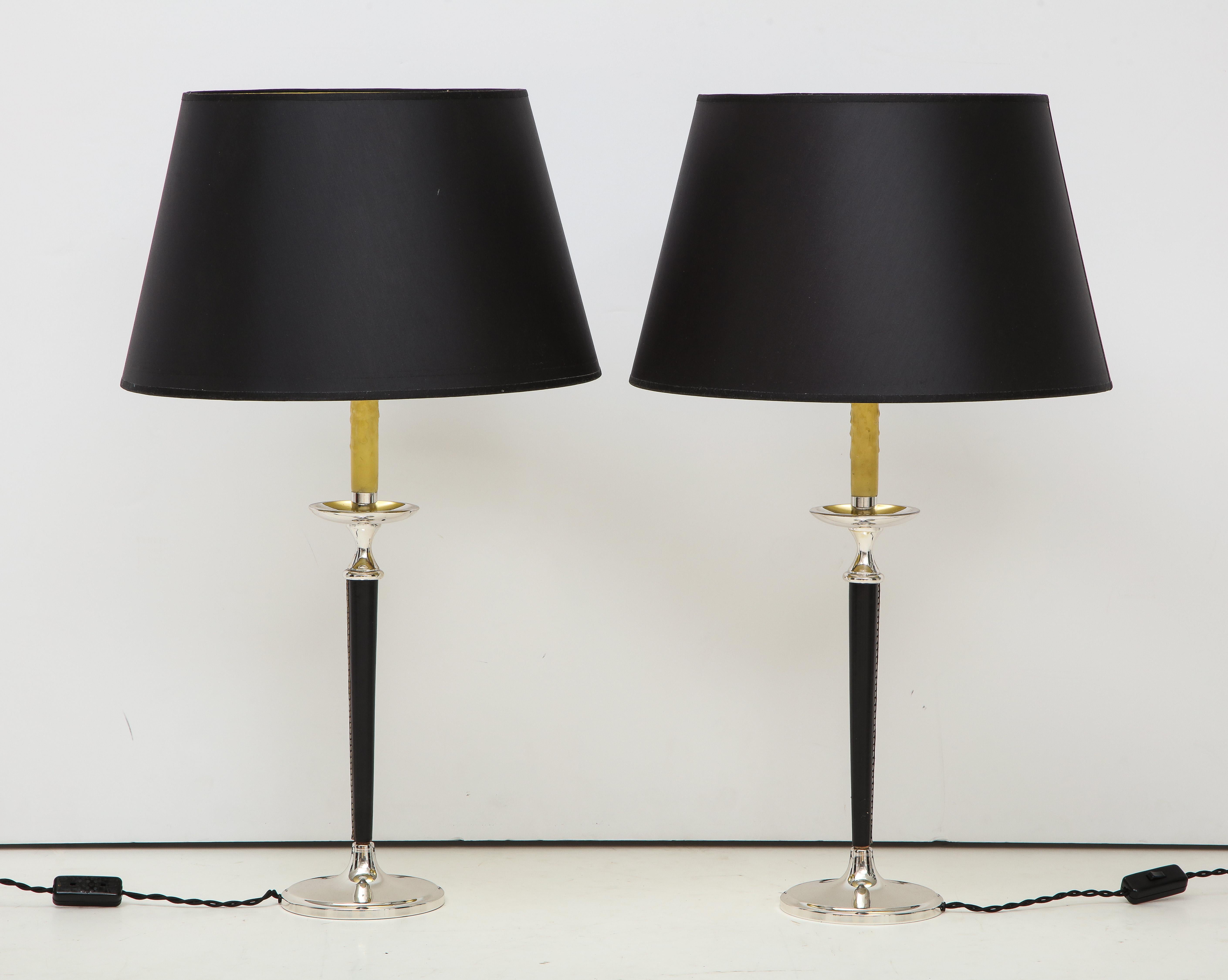Mid-20th Century Pair of Leather and Silver Lamps in the style of Andre Arbus For Sale