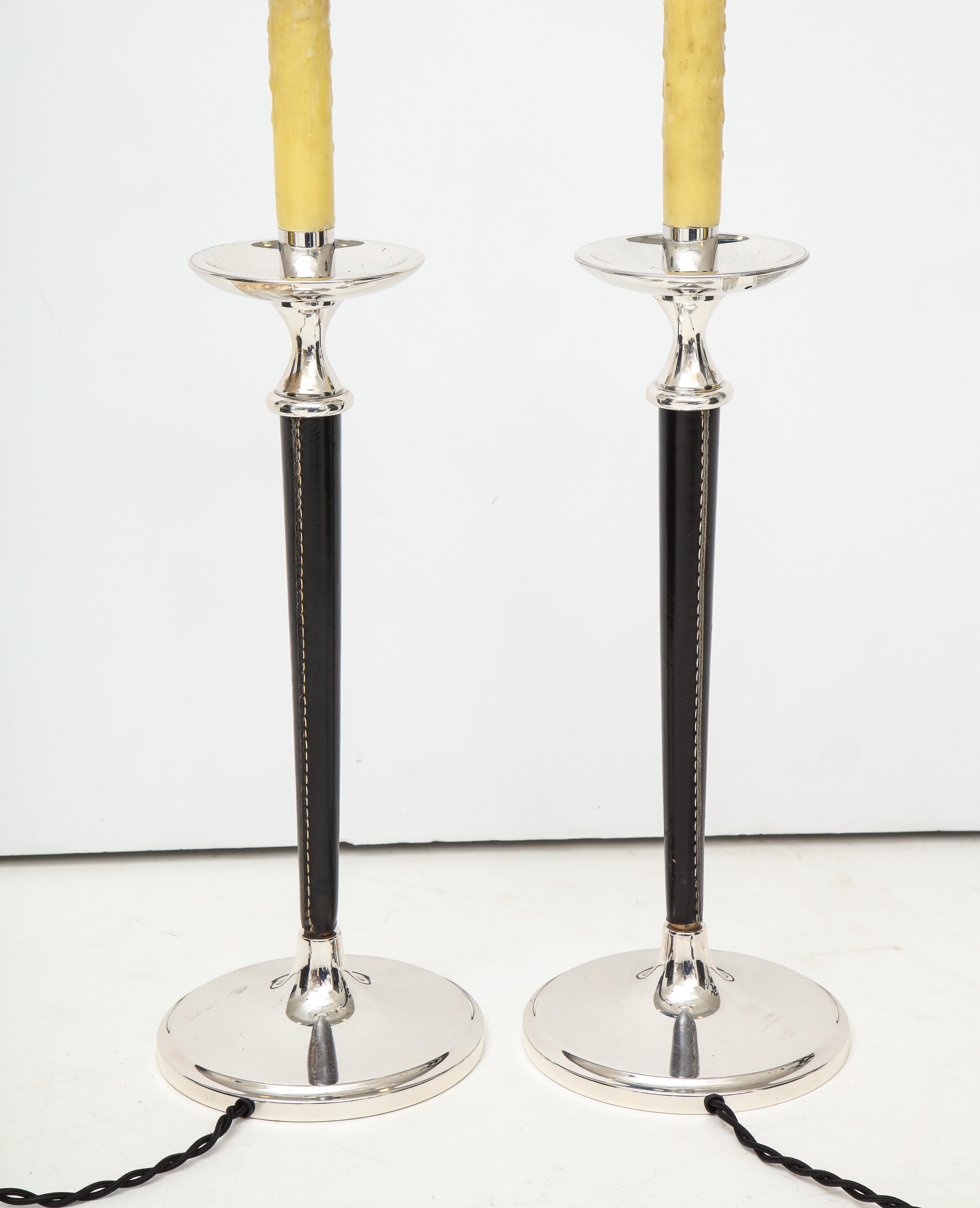 Pair of Leather and Silver Lamps in the style of Andre Arbus For Sale 1