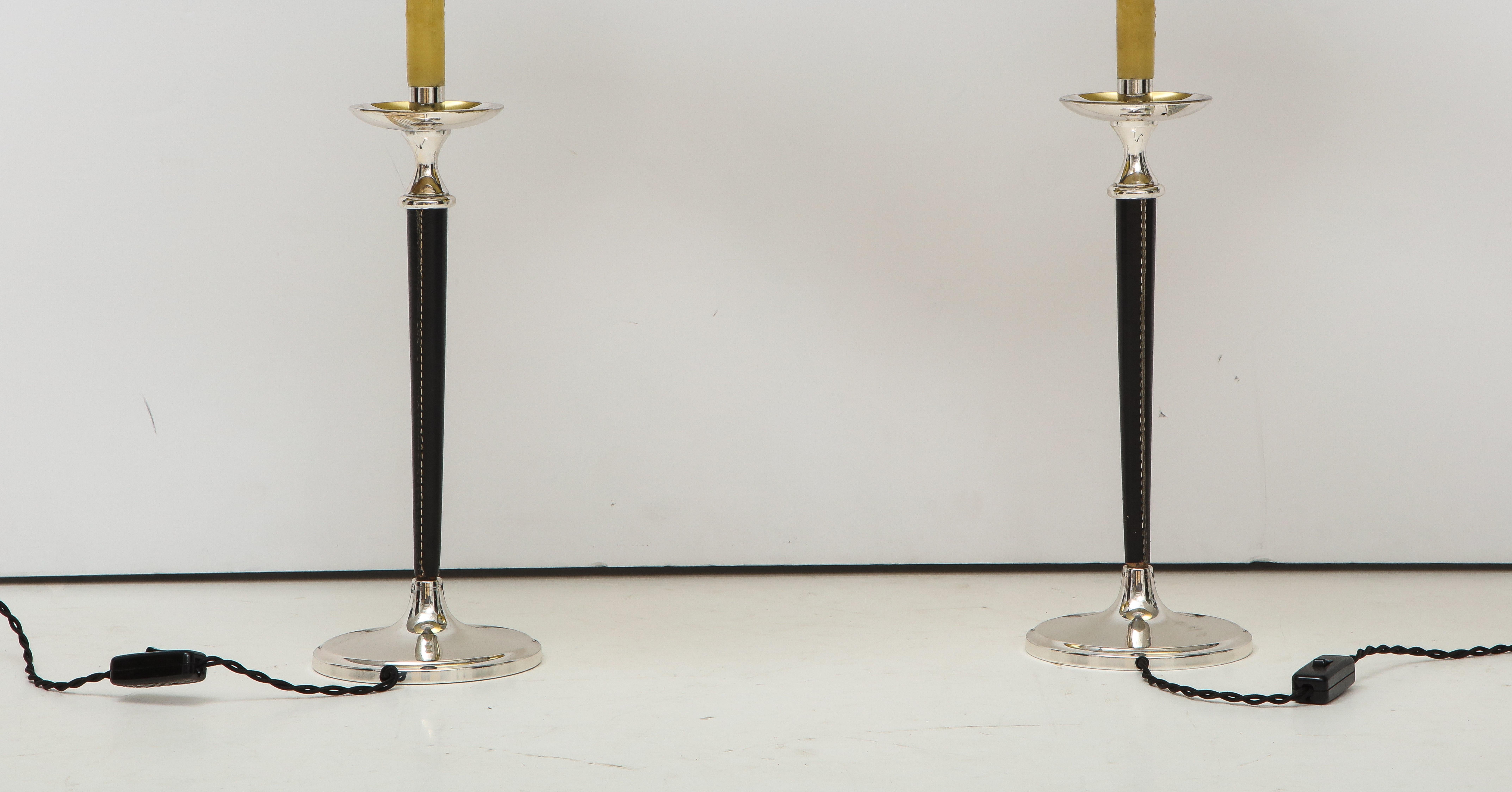 Pair of Leather and Silver Lamps in the style of Andre Arbus For Sale 2