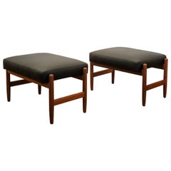 Pair of Leather and Teak Ottomans, Denmark, 1950s Pair of Leather and Teak Ottomans, Denmark, 1950s