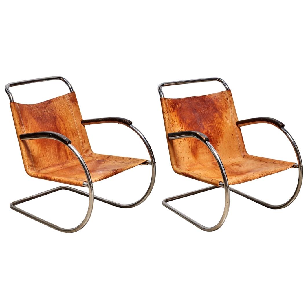 Pair of Leather and Tubular Chrome Chairs by Bas Van Pelt