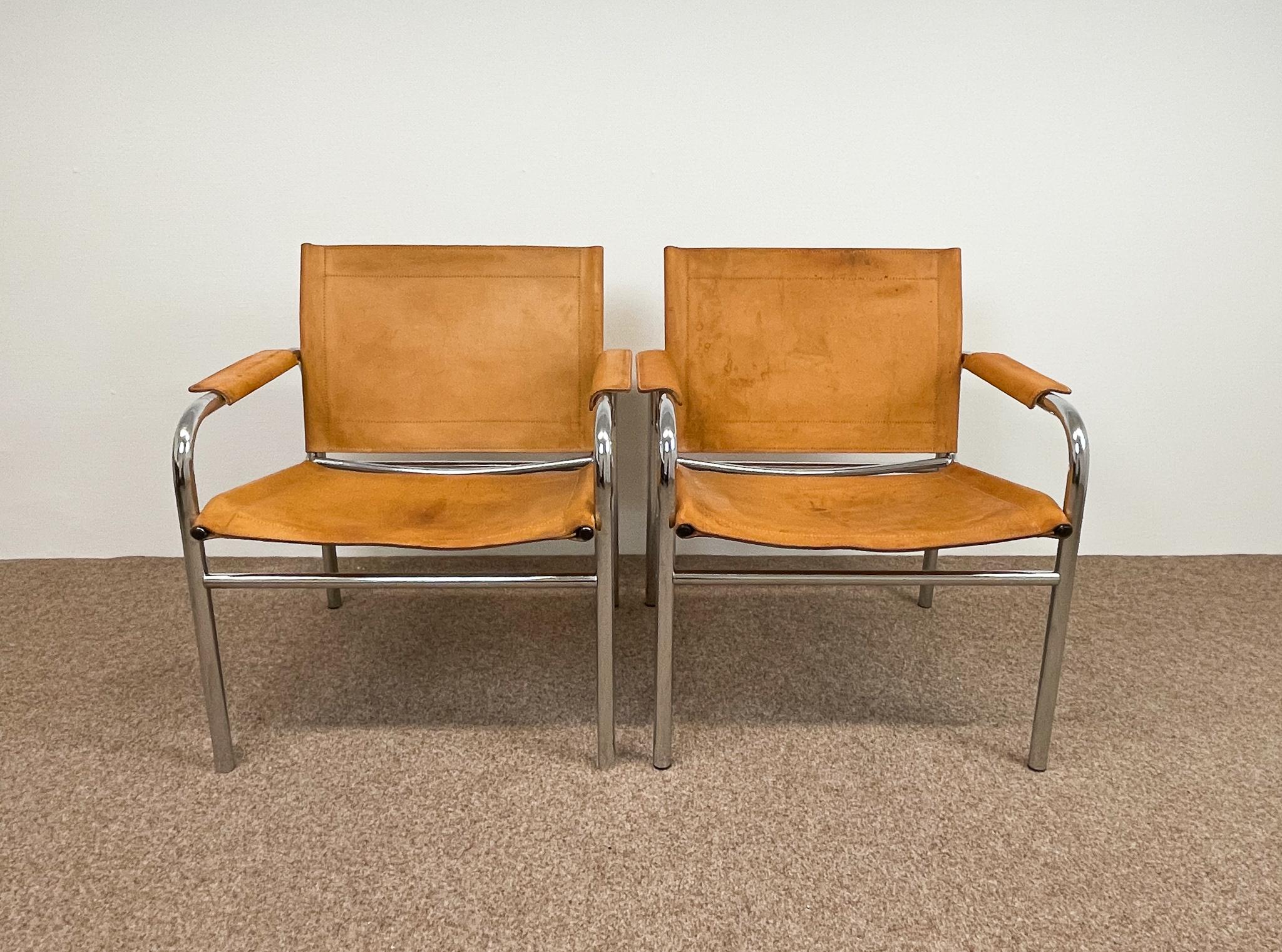 Swedish Pair of Leather and Tubular Steel Armchairs by Tord Bjorklund, Sweden, 1980s