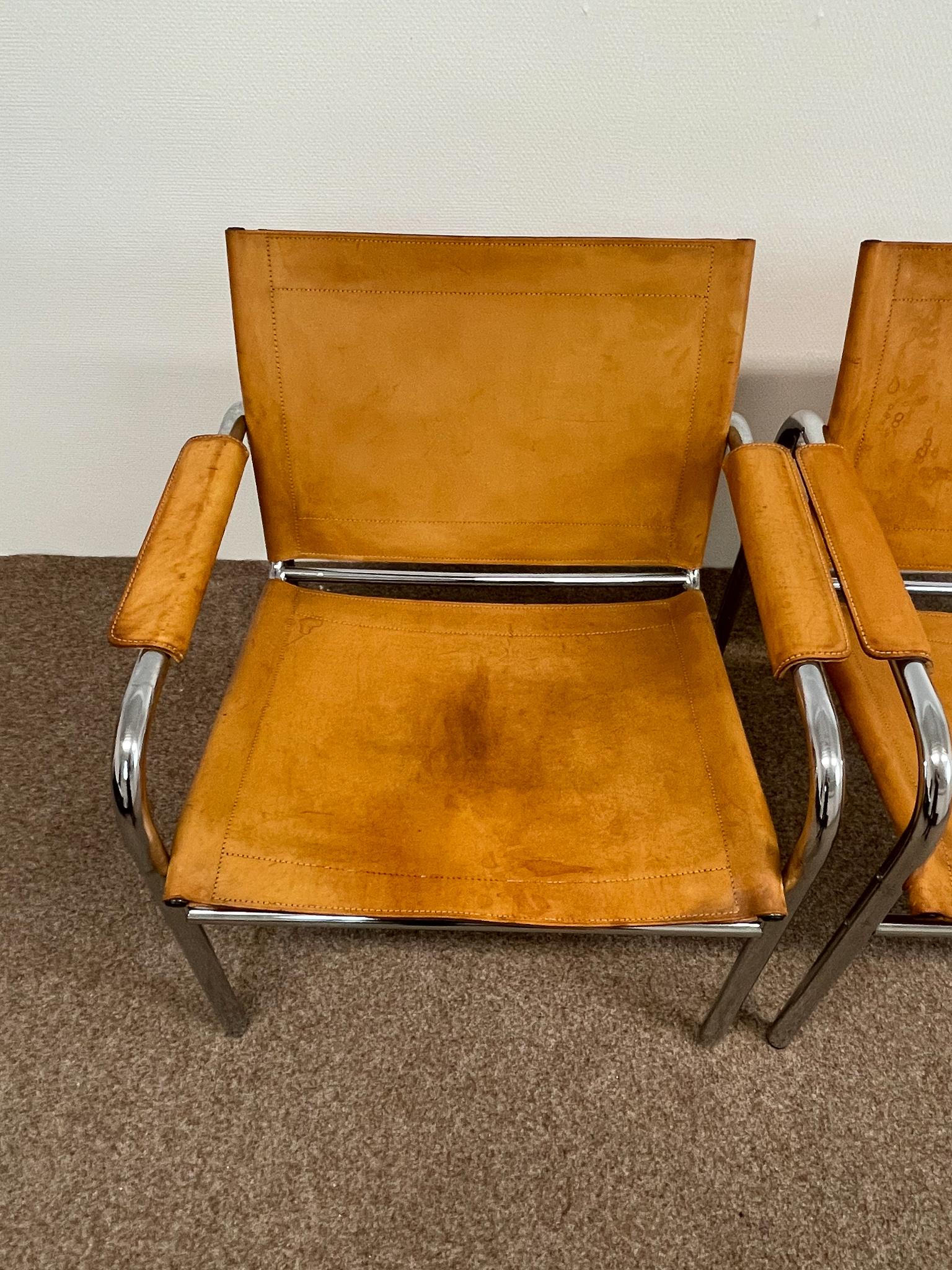 Late 20th Century Pair of Leather and Tubular Steel Armchairs by Tord Bjorklund, Sweden, 1980s