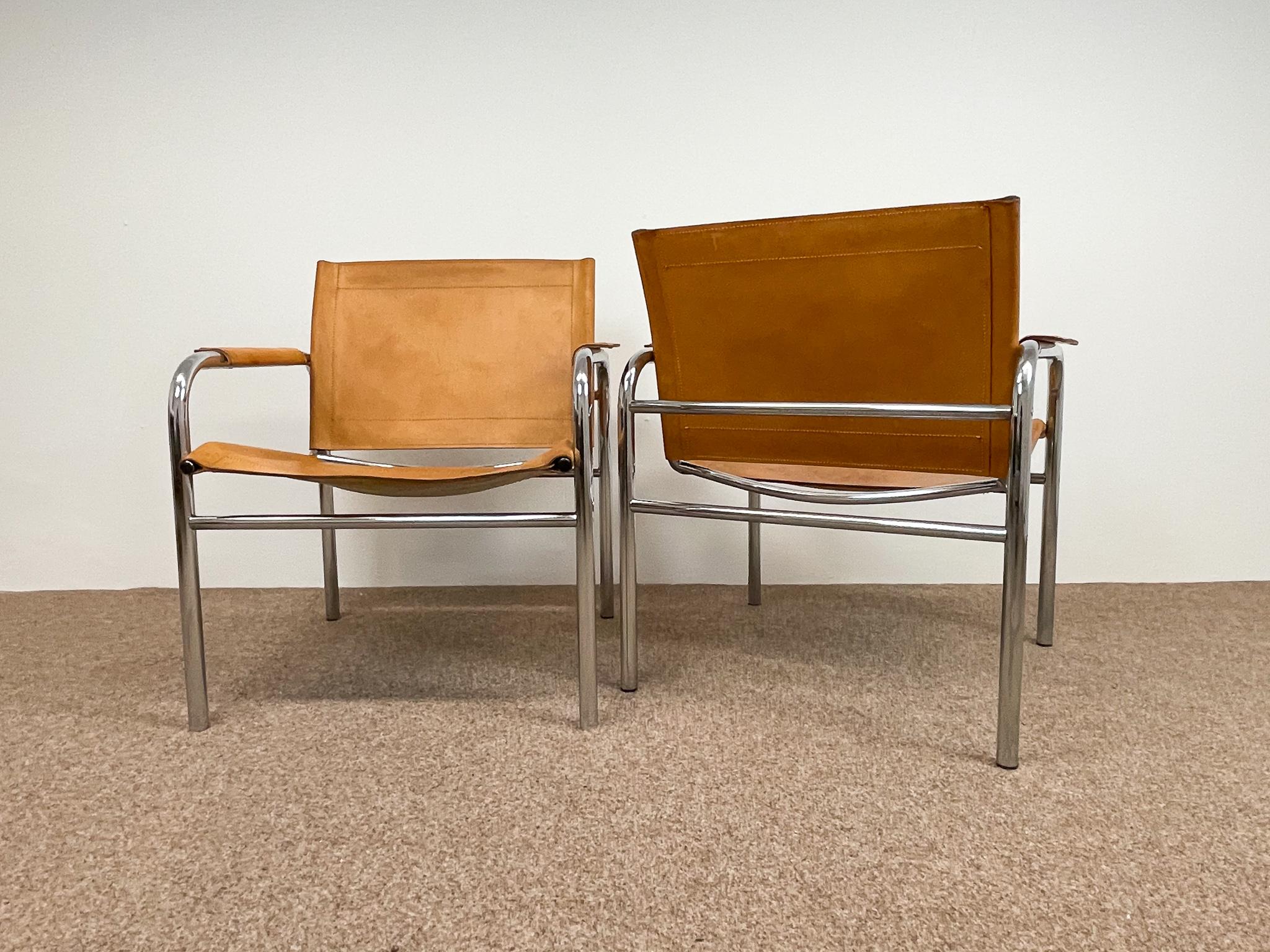 Pair of Leather and Tubular Steel Armchairs by Tord Bjorklund, Sweden, 1980s 1