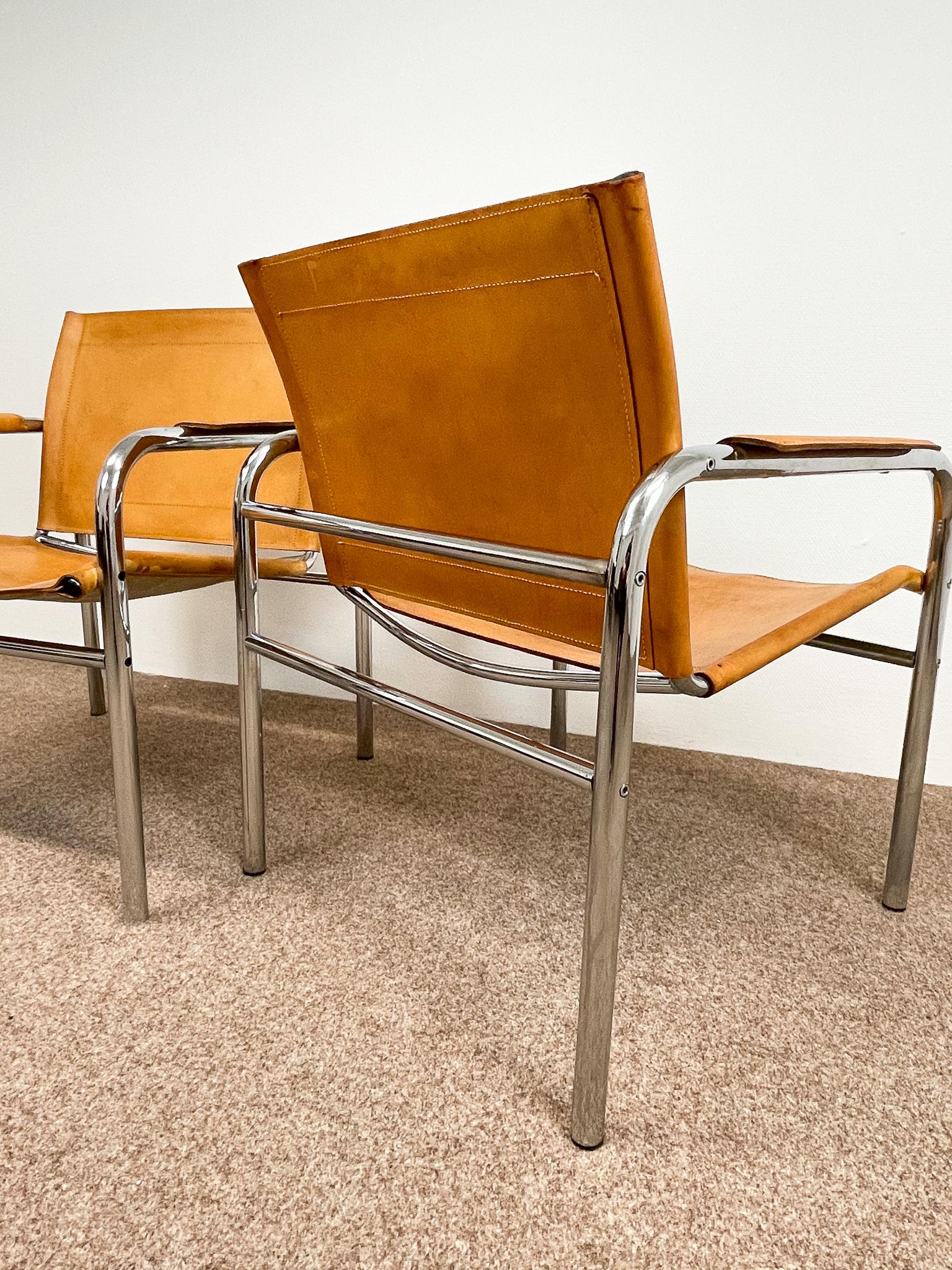 Pair of Leather and Tubular Steel Armchairs by Tord Bjorklund, Sweden, 1980s 2