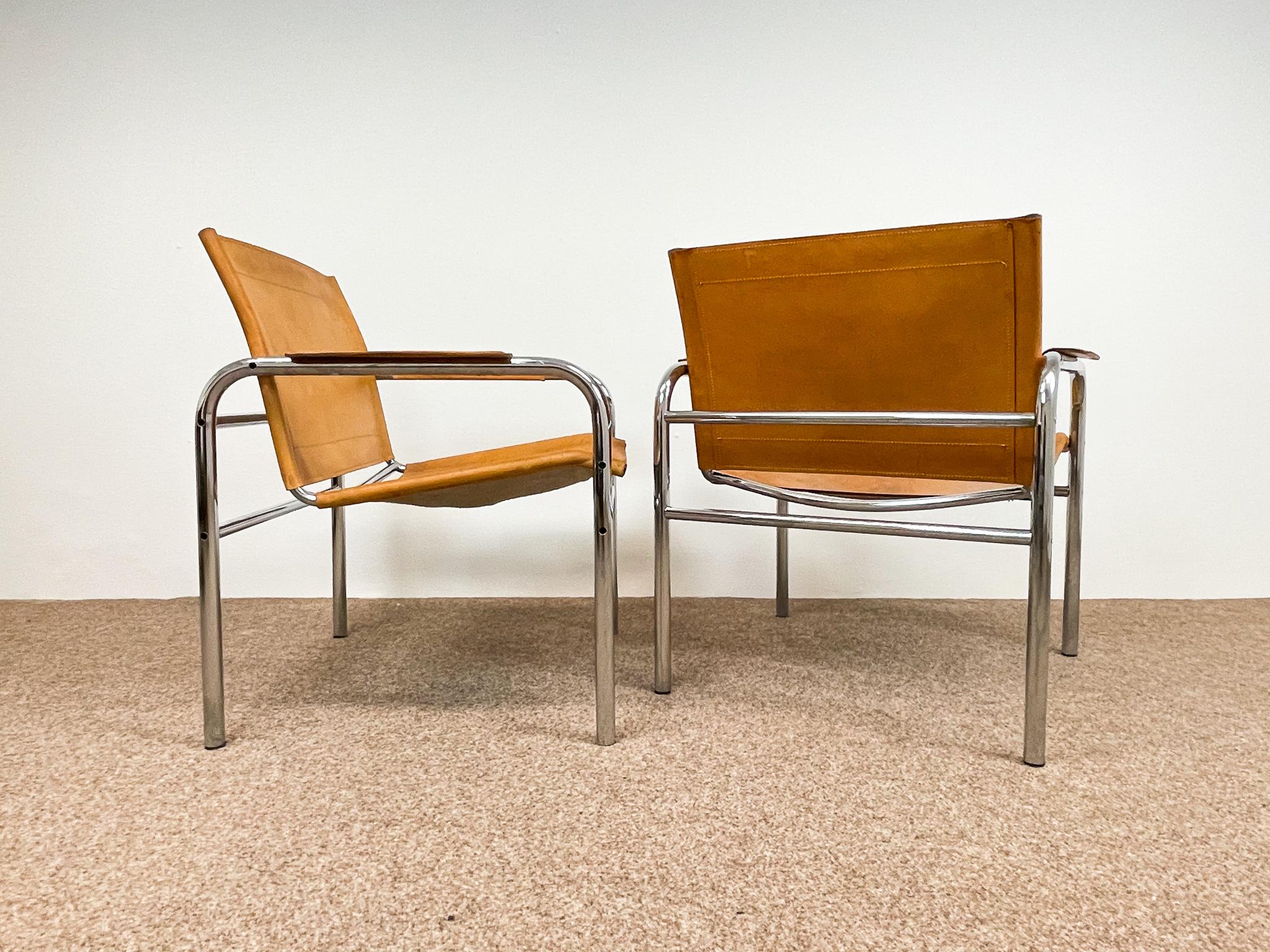 Pair of Leather and Tubular Steel Armchairs by Tord Bjorklund, Sweden, 1980s 3