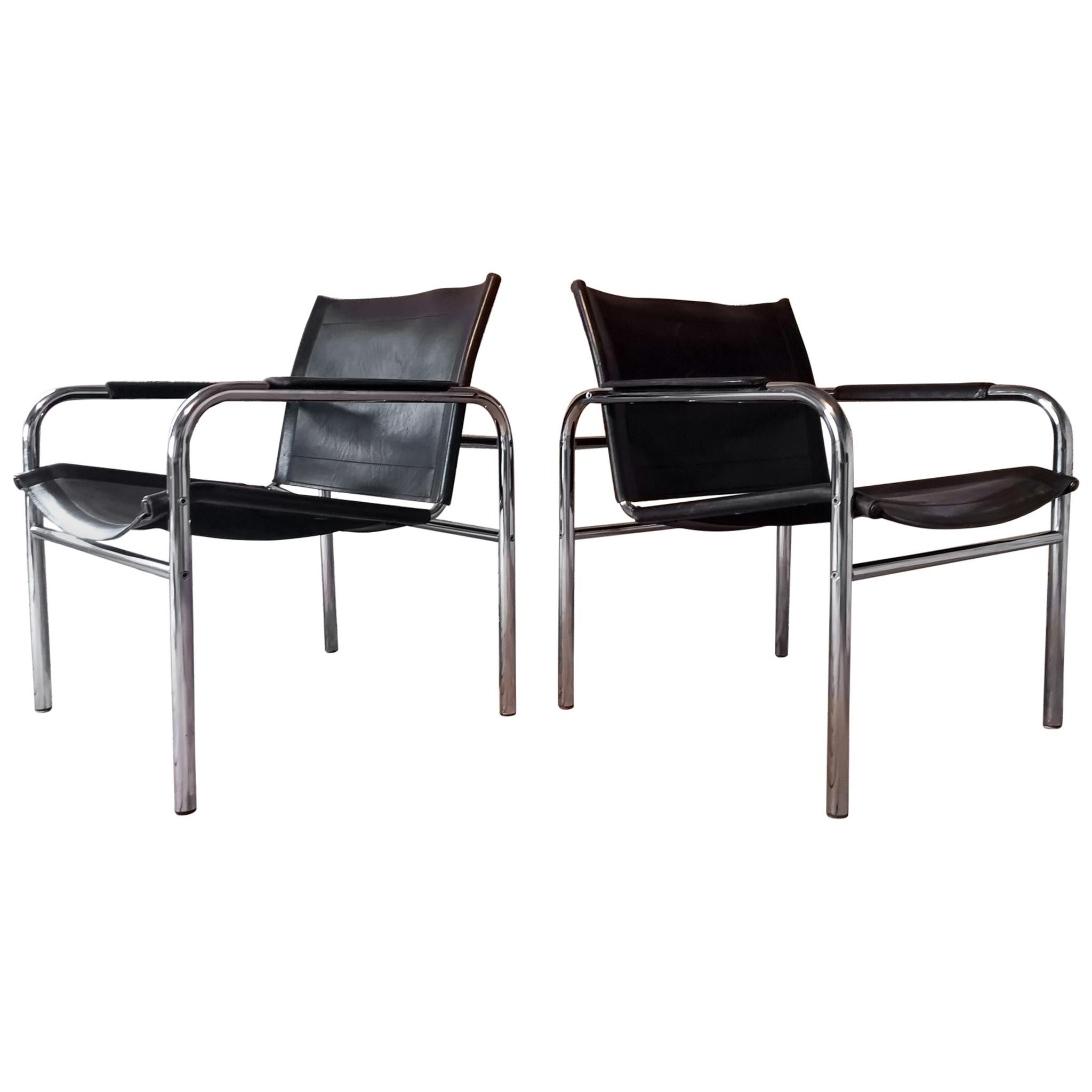 Pair of Leather and Tubular Steel Armchairs by Tord Bjorklund, Sweden, 1980s