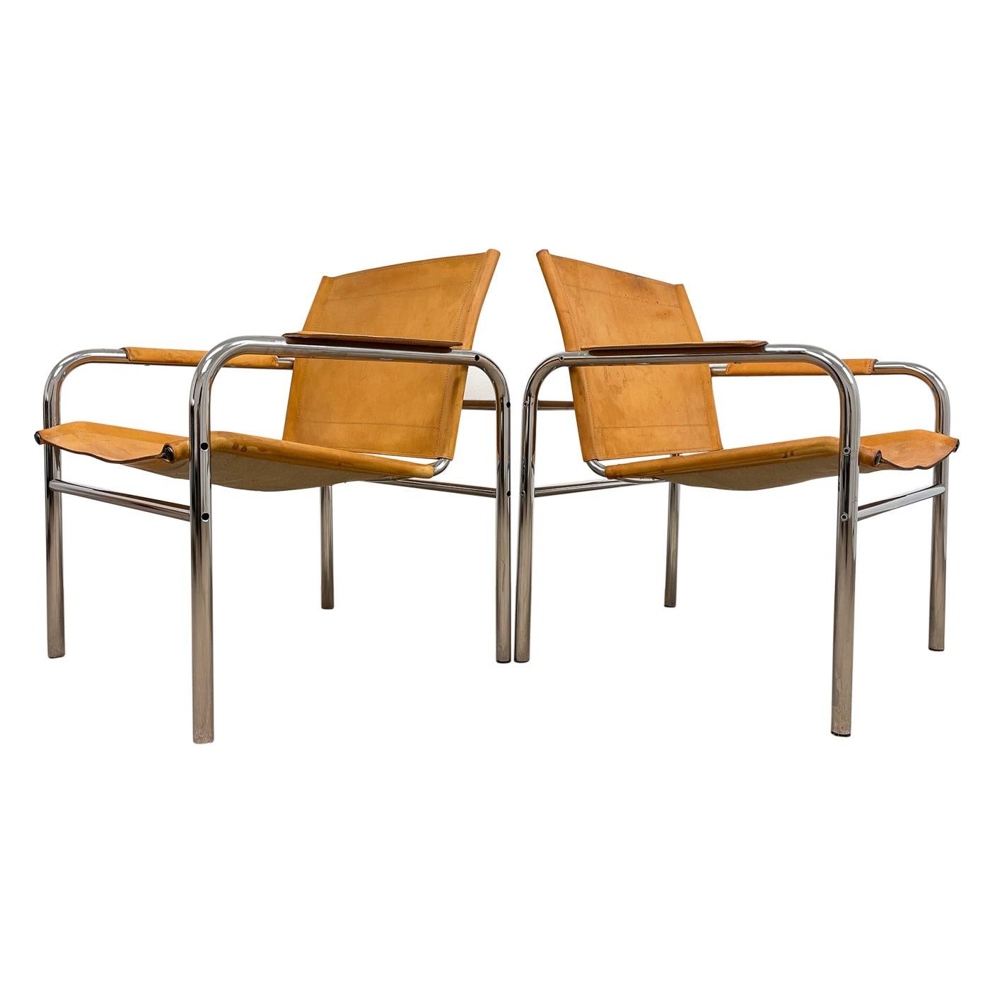 Pair of Leather and Tubular Steel Armchairs by Tord Bjorklund, Sweden, 1980s