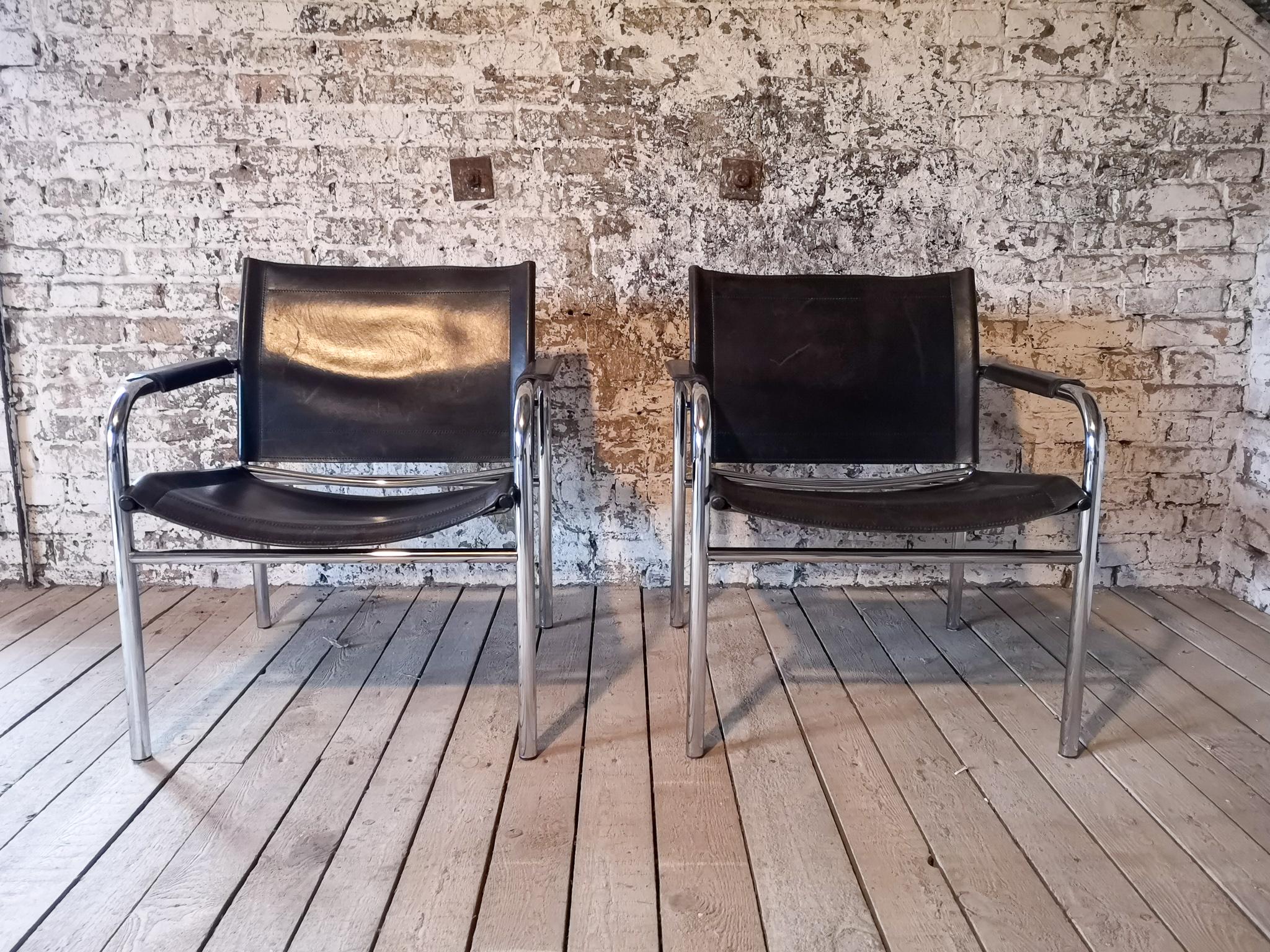 Scandinavian Modern Pair of Leather and Tubular Steel Armchairs by Tord Bjorklund, Sweden, 1980s