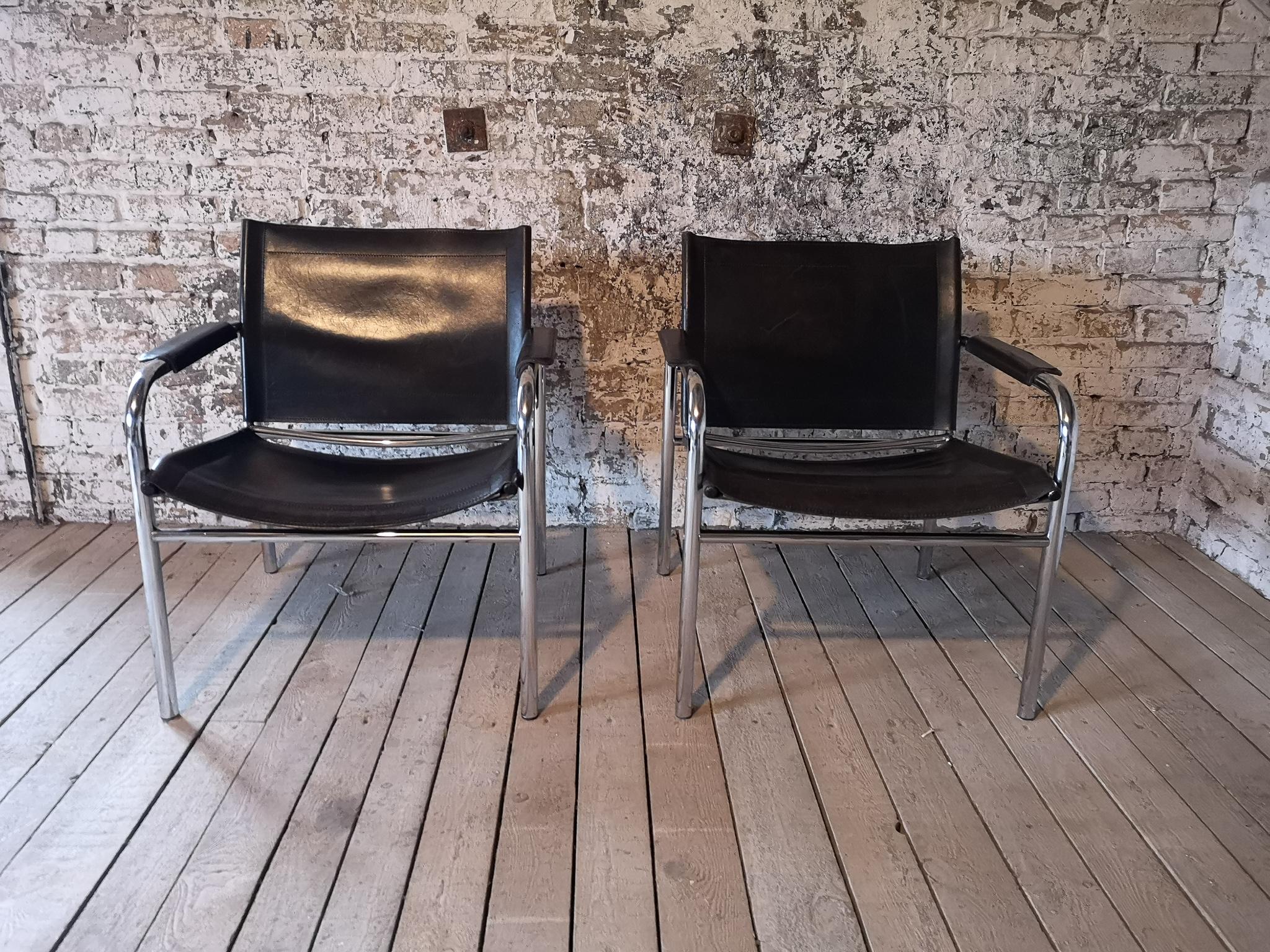 Swedish Pair of Leather and Tubular Steel Armchairs by Tord Bjorklund, Sweden, 1980s