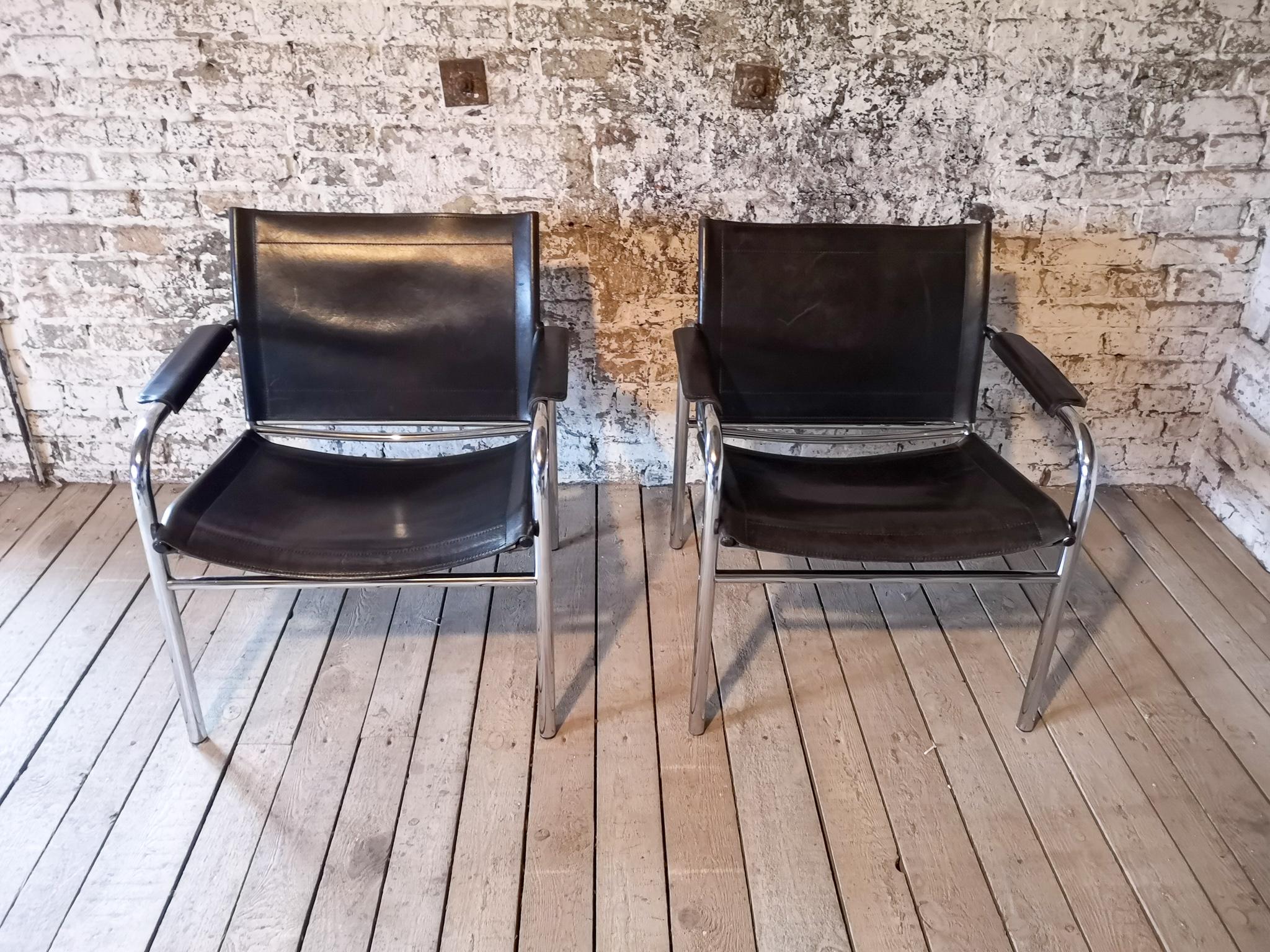 Pair of Leather and Tubular Steel Armchairs by Tord Bjorklund, Sweden, 1980s In Good Condition In Hillringsberg, SE