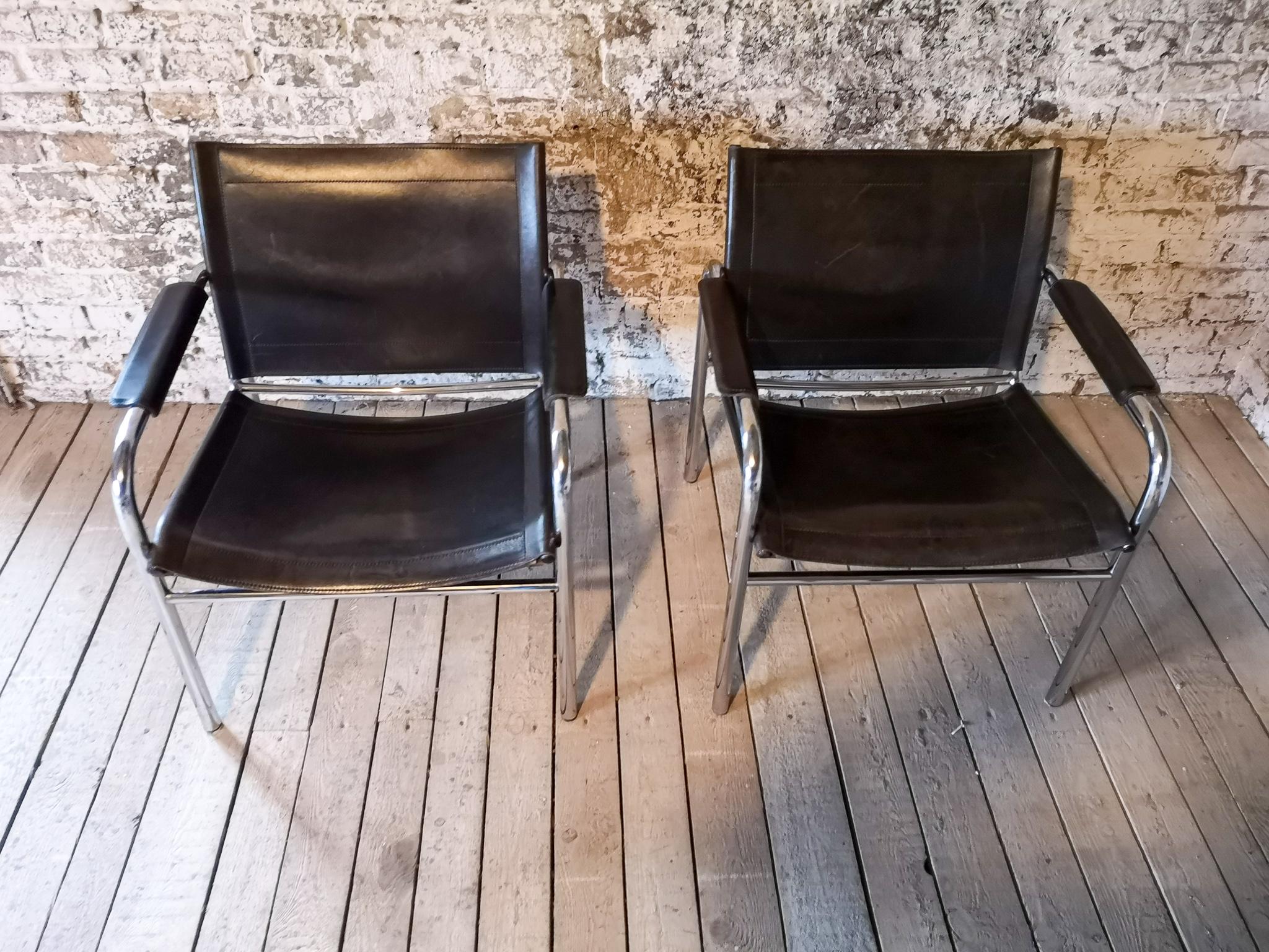 Late 20th Century Pair of Leather and Tubular Steel Armchairs by Tord Bjorklund, Sweden, 1980s