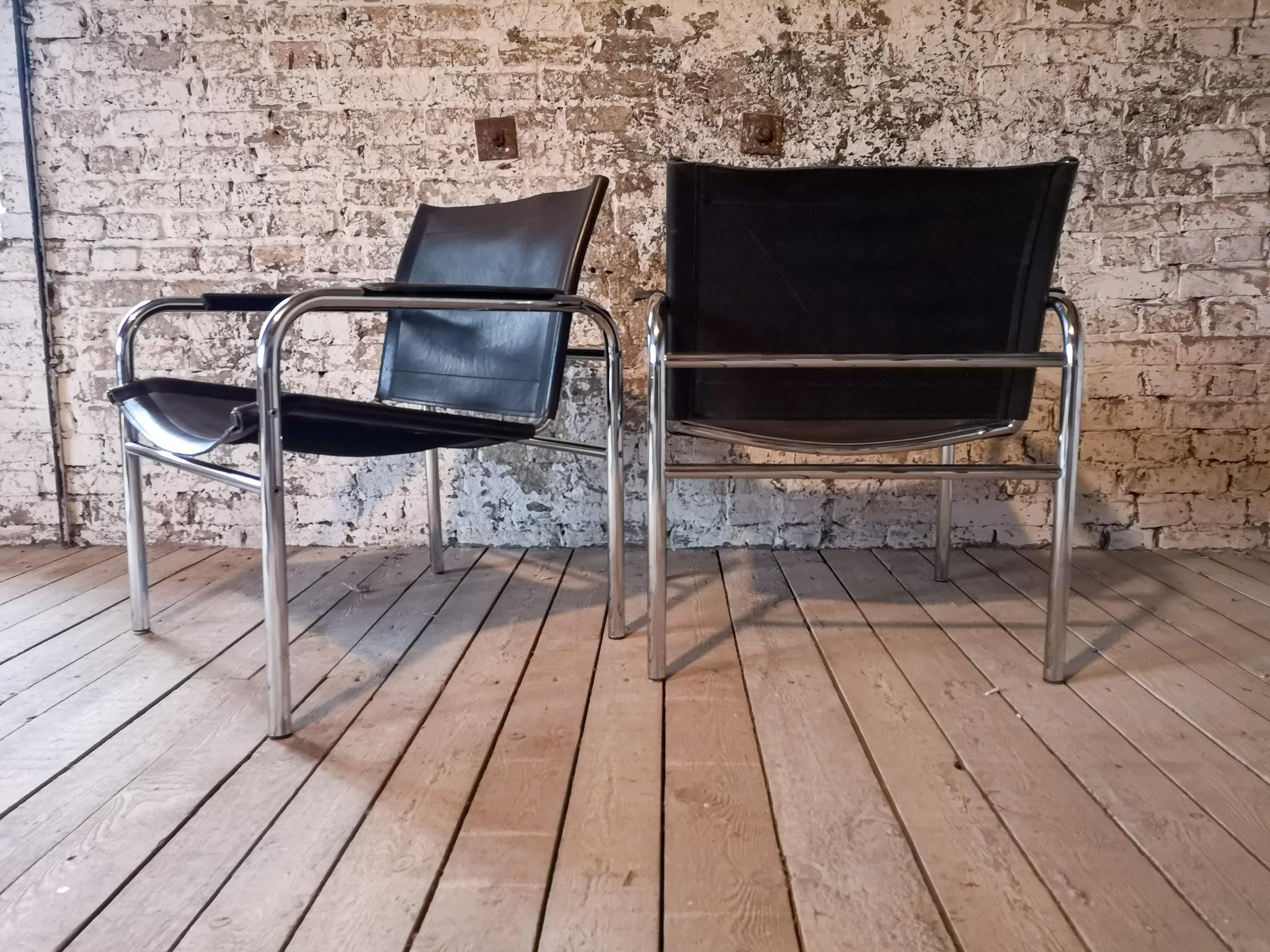 Pair of Leather and Tubular Steel Armchairs by Tord Bjorklund, Sweden, 1980s 1