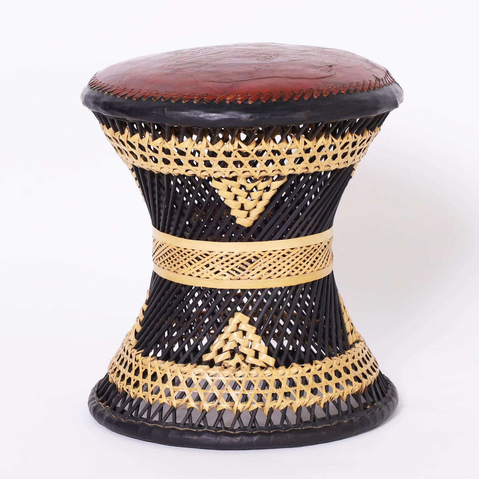 Anglo-Indian Pair of Leather and Wicker Anglo Indian Stools or Ottomans For Sale