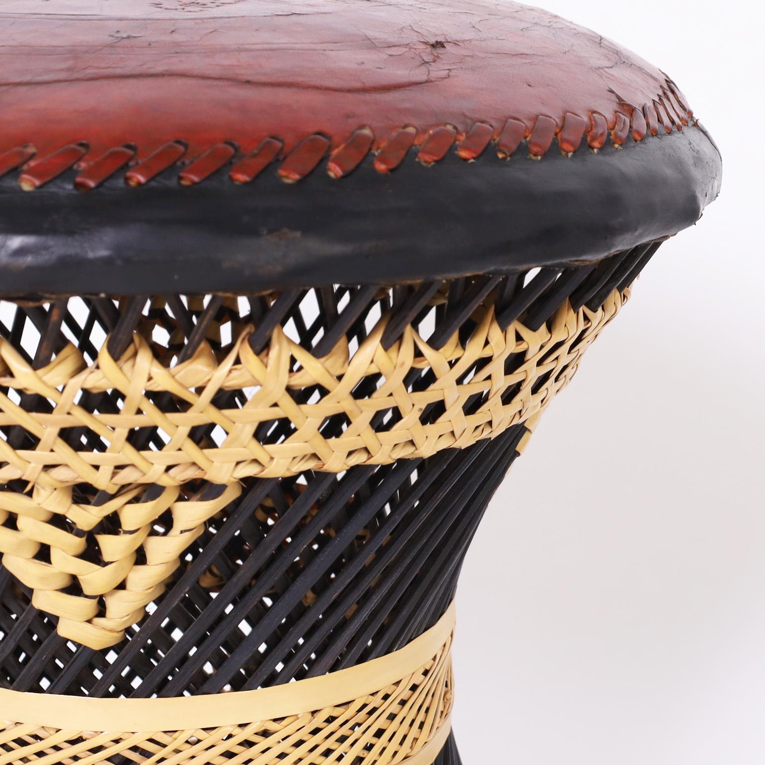 20th Century Pair of Leather and Wicker Anglo Indian Stools or Ottomans For Sale