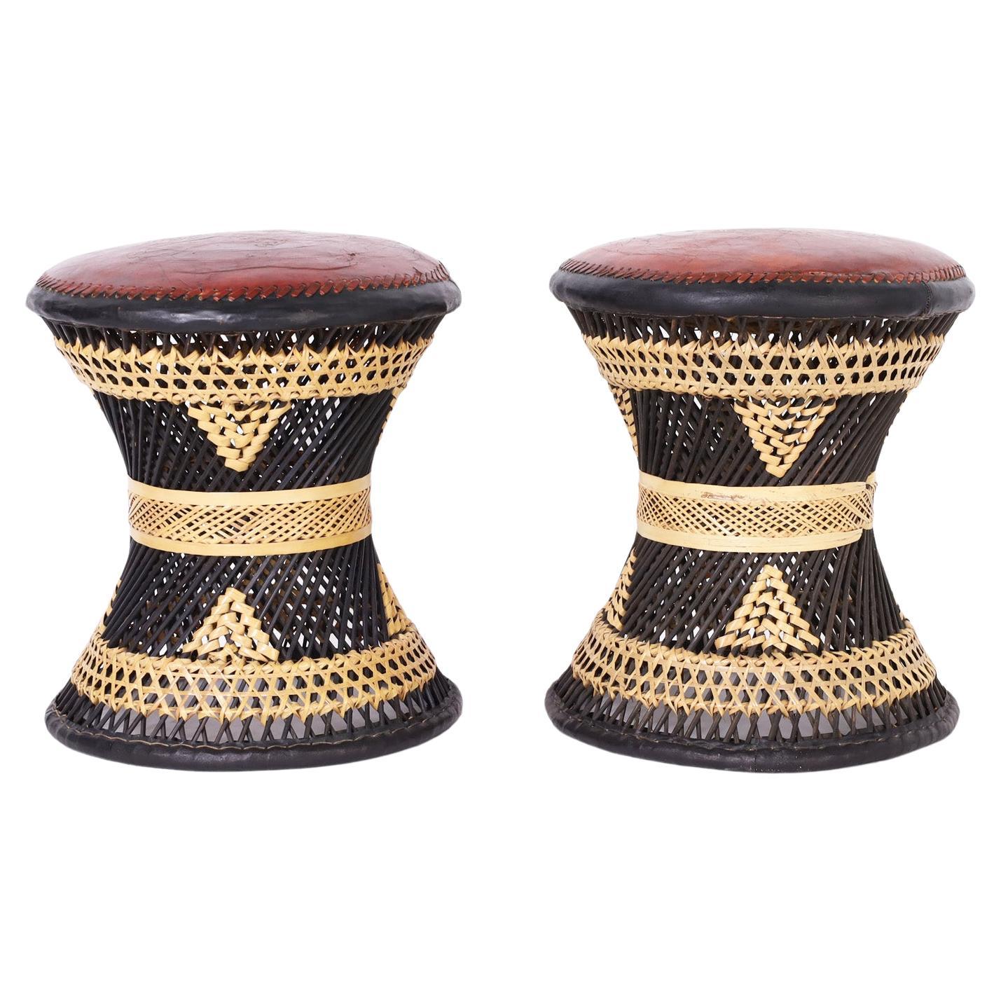 Pair of Leather and Wicker Anglo Indian Stools or Ottomans For Sale