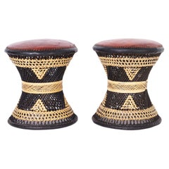 Pair of Leather and Wicker Anglo Indian Stools or Ottomans