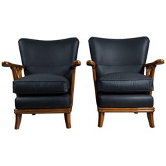 Pair of Leather and Wood Armchairs by Englander and Bonta, Argentina, 1940