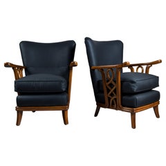 Pair of Leather and Wood Armchairs by Englander and Bonta, Argentina, 1940