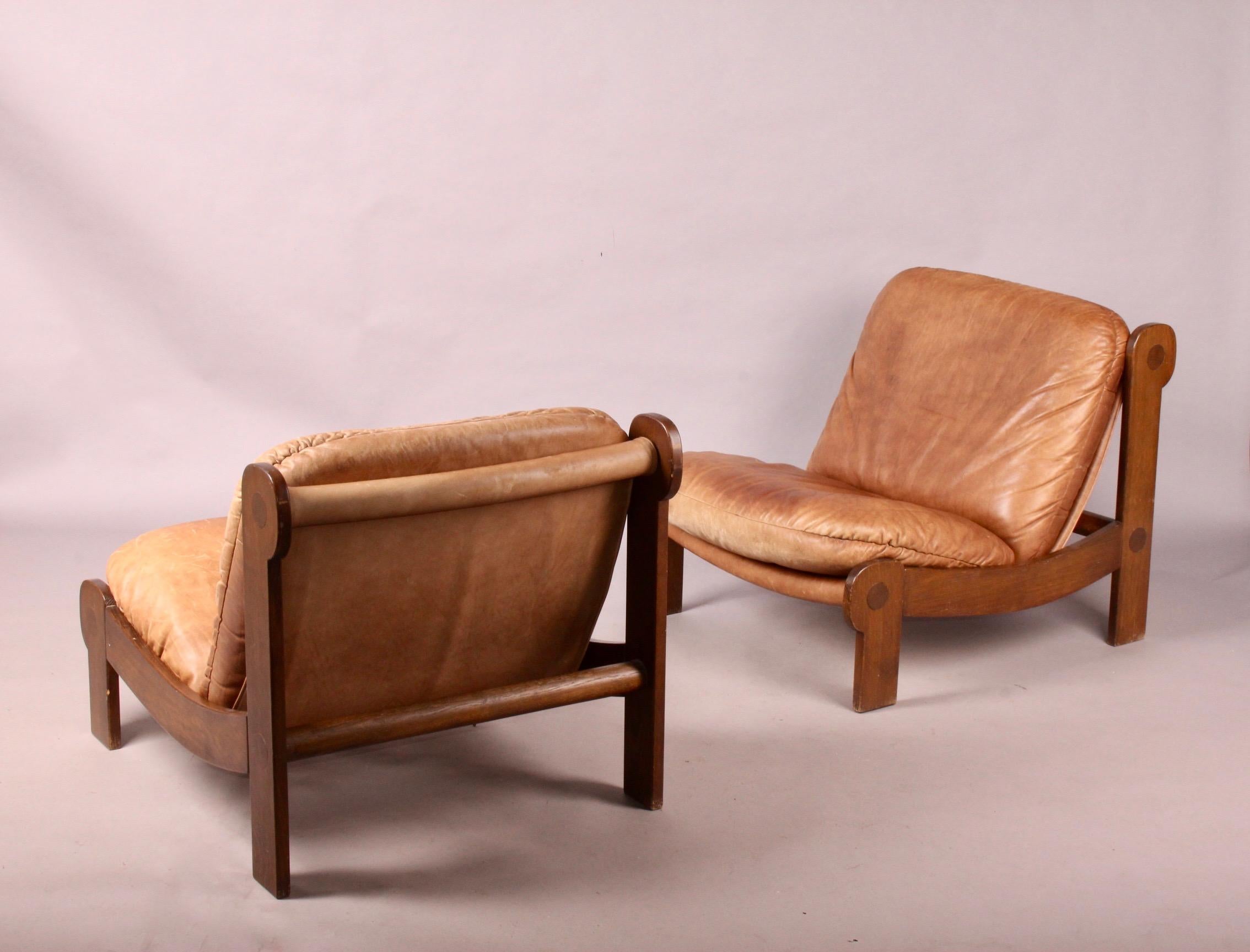 European Pair of Leather and Wood Armchairs