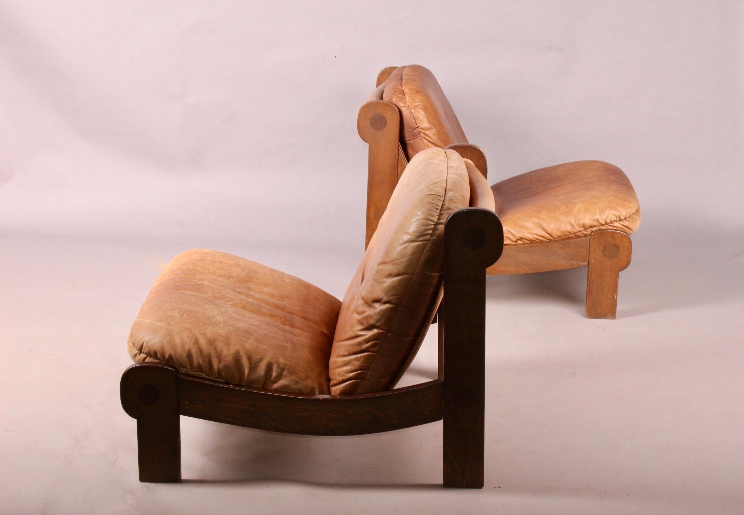 Late 20th Century Pair of Leather and Wood Armchairs