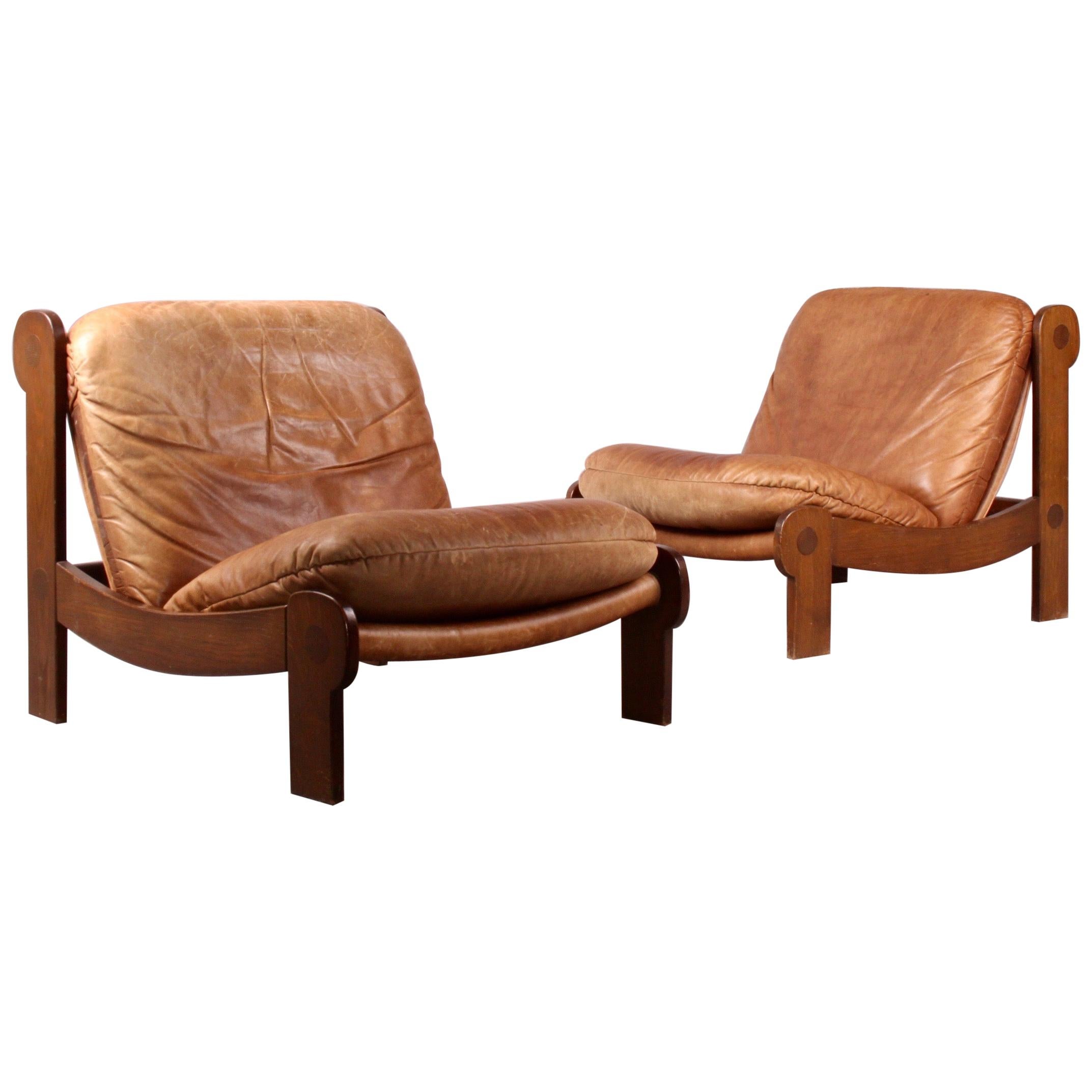 Pair of Leather and Wood Armchairs