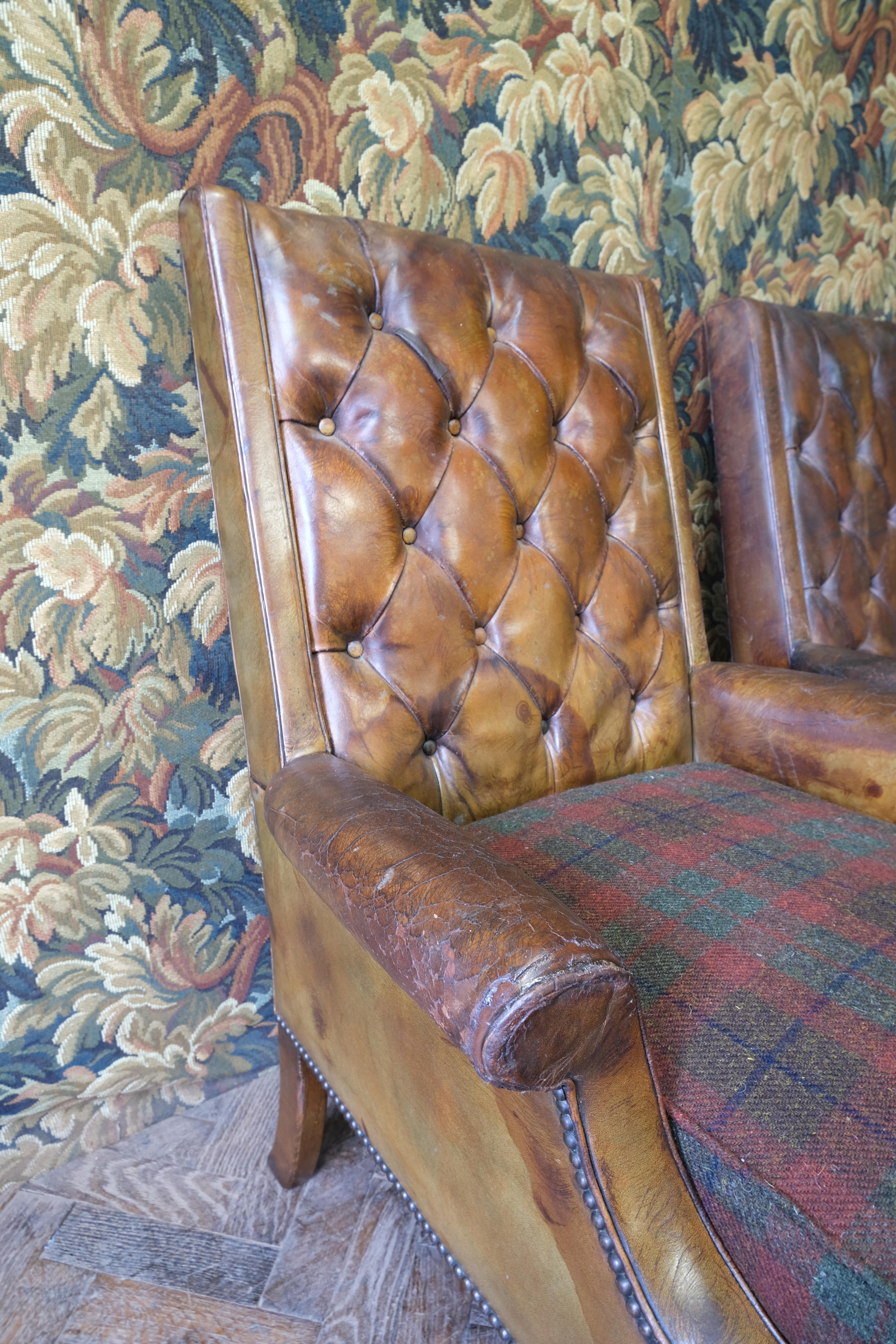 English Pair of leather and wool upholstered armchairs For Sale