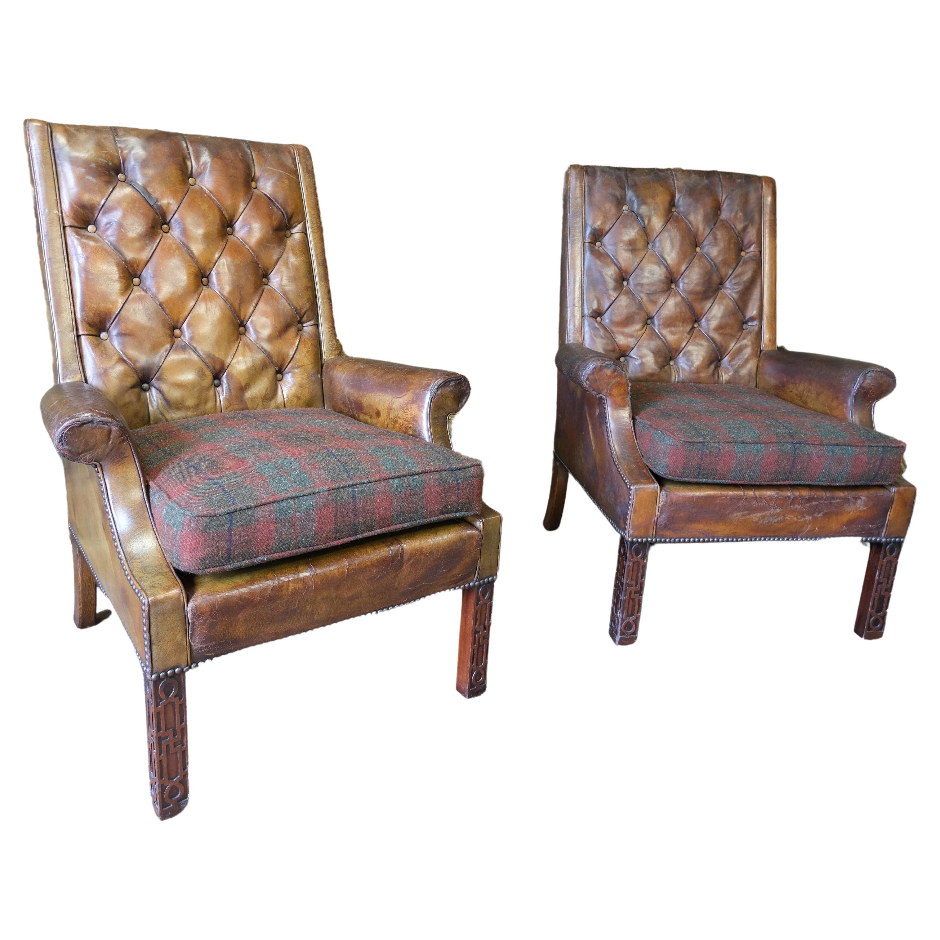 Pair of leather and wool upholstered armchairs For Sale