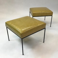 Pair of Leather and Wrought Iron Paul McCobb Square Ottomans