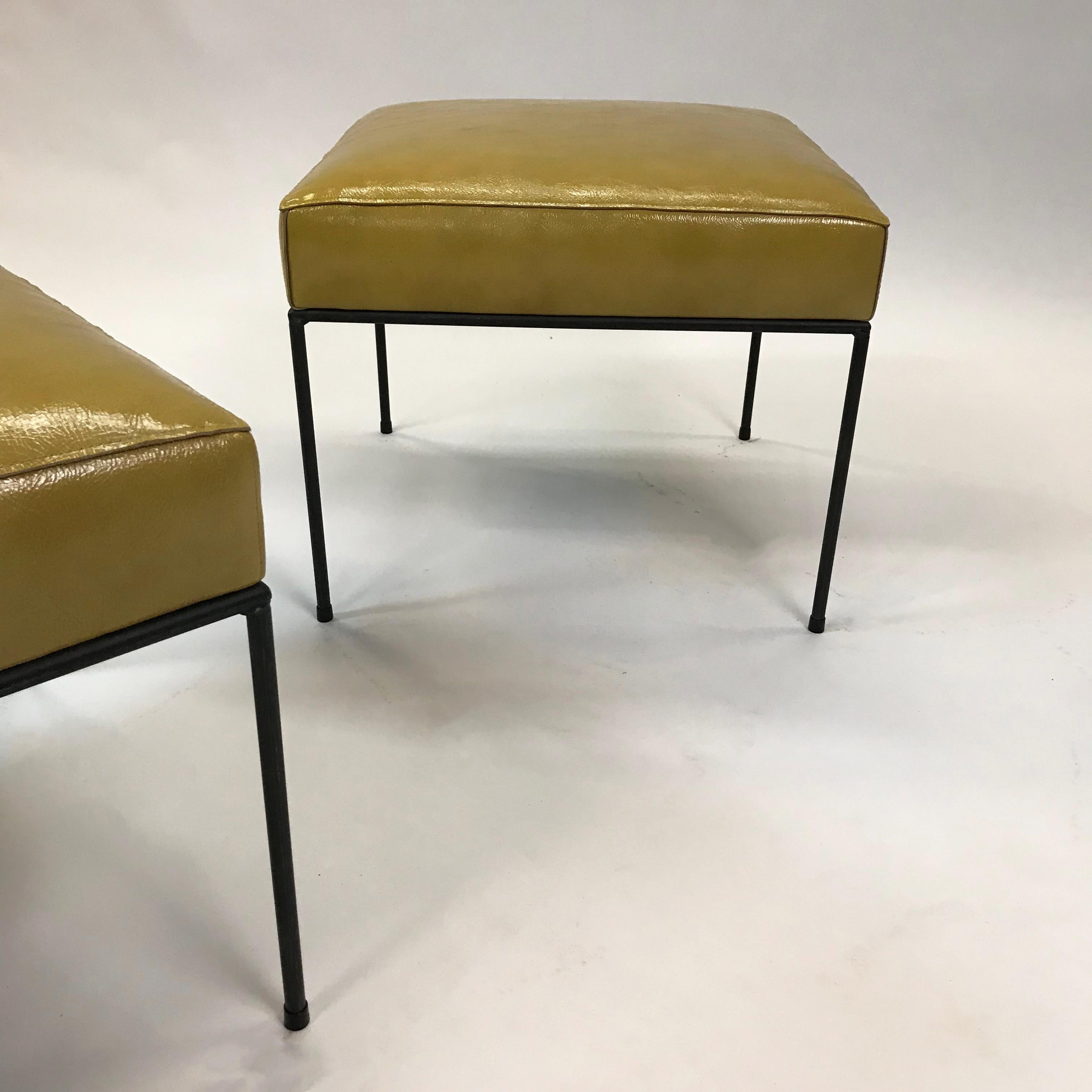 Mid-Century Modern Pair of Leather and Wrought Iron Paul McCobb Square Ottomans