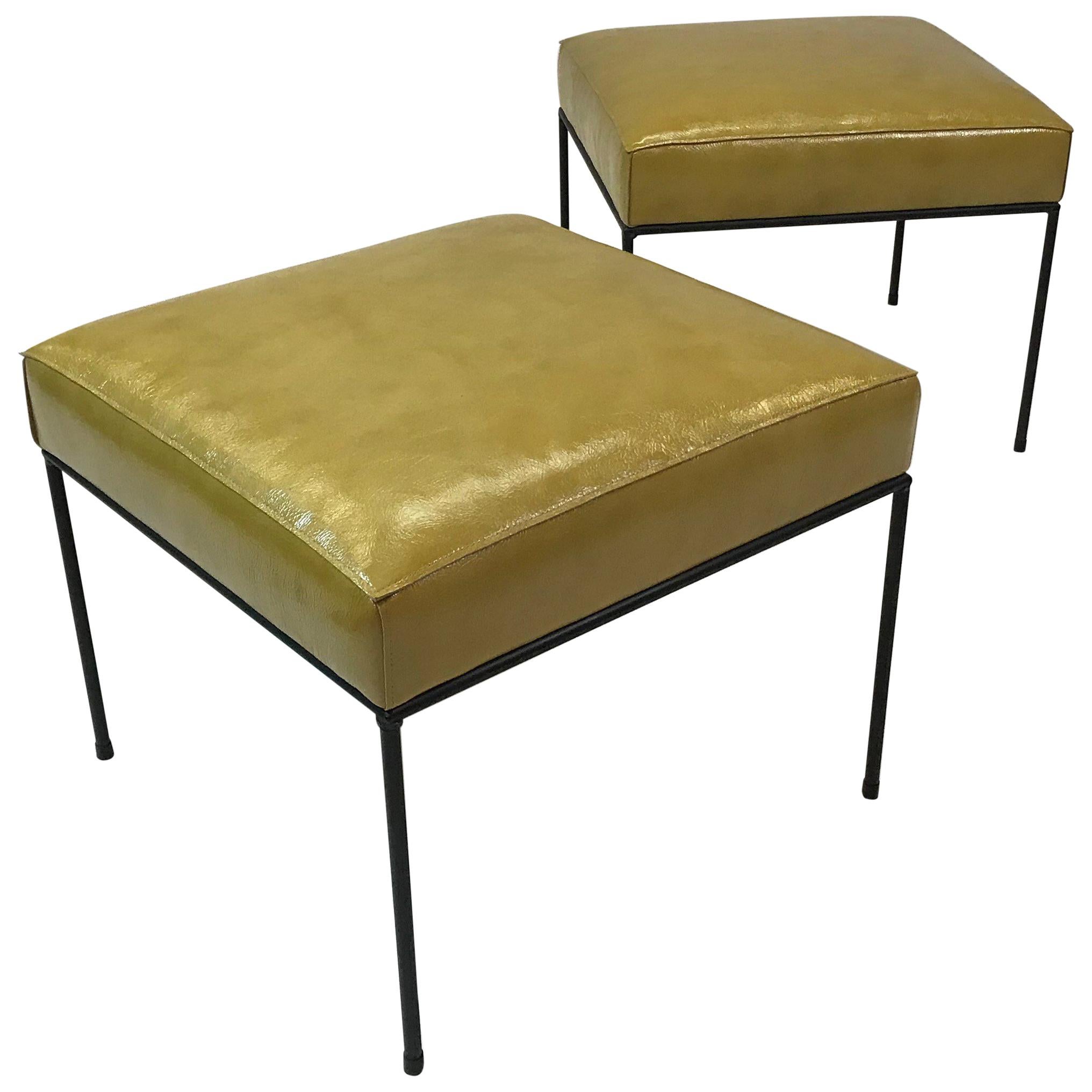 Pair of Leather and Wrought Iron Paul McCobb Square Ottomans