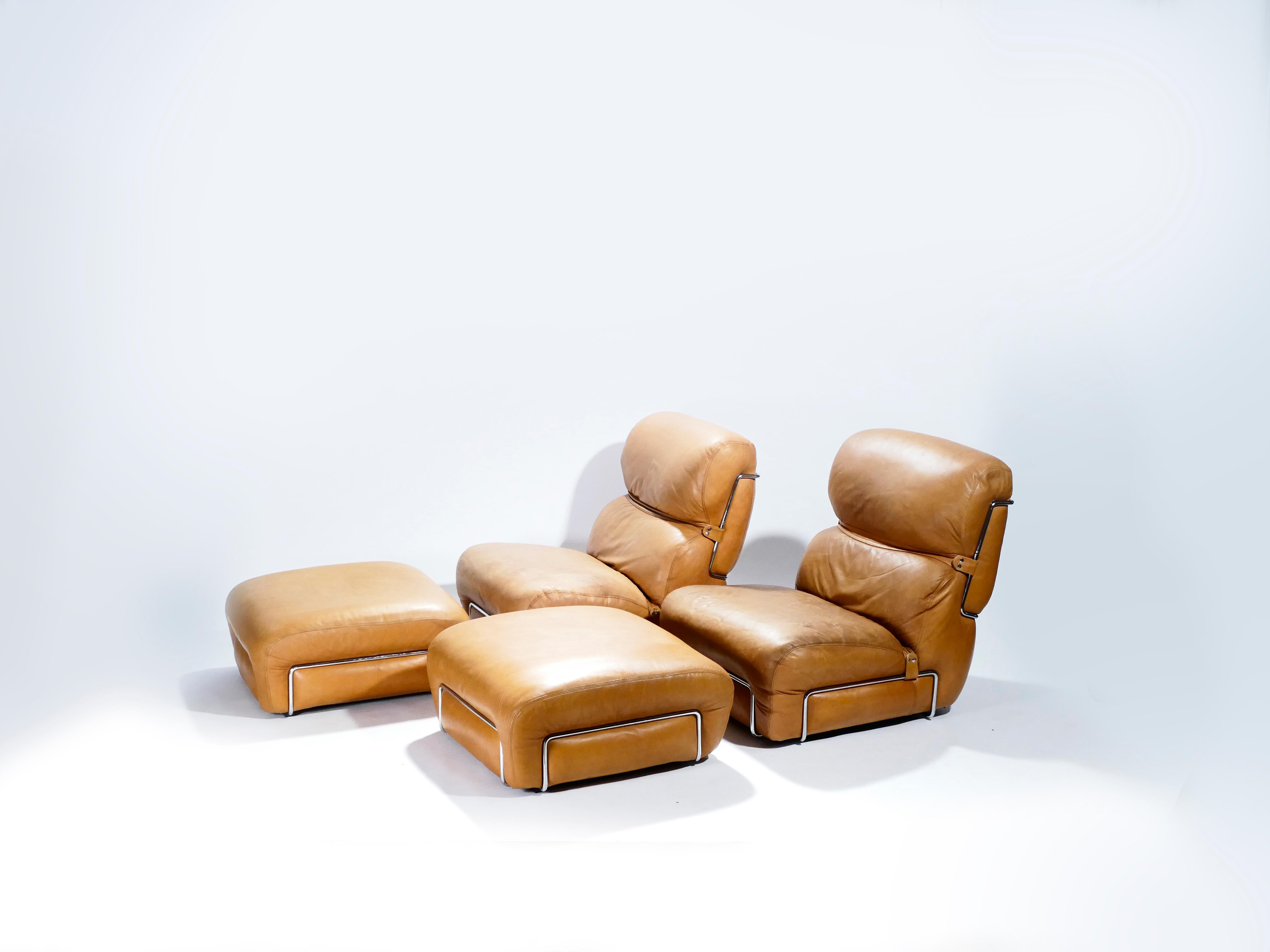 Mid-Century Modern Pair of Leather Armchairs with Ottomans Gianfranco Frattini, 1970s