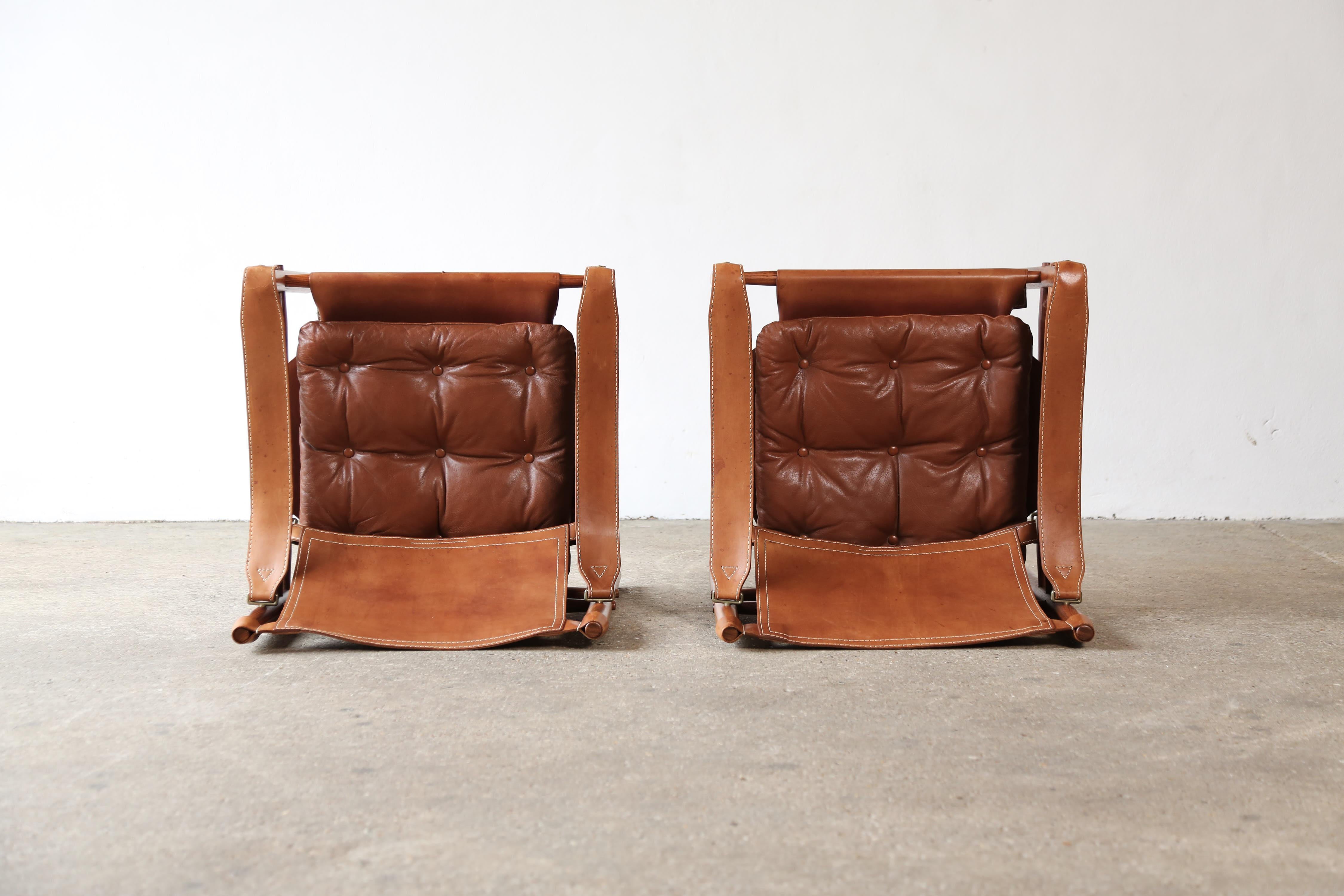 Pair of Leather Arne Norell Safari 'Sirocco' Chairs, Sweden, 1970s 5