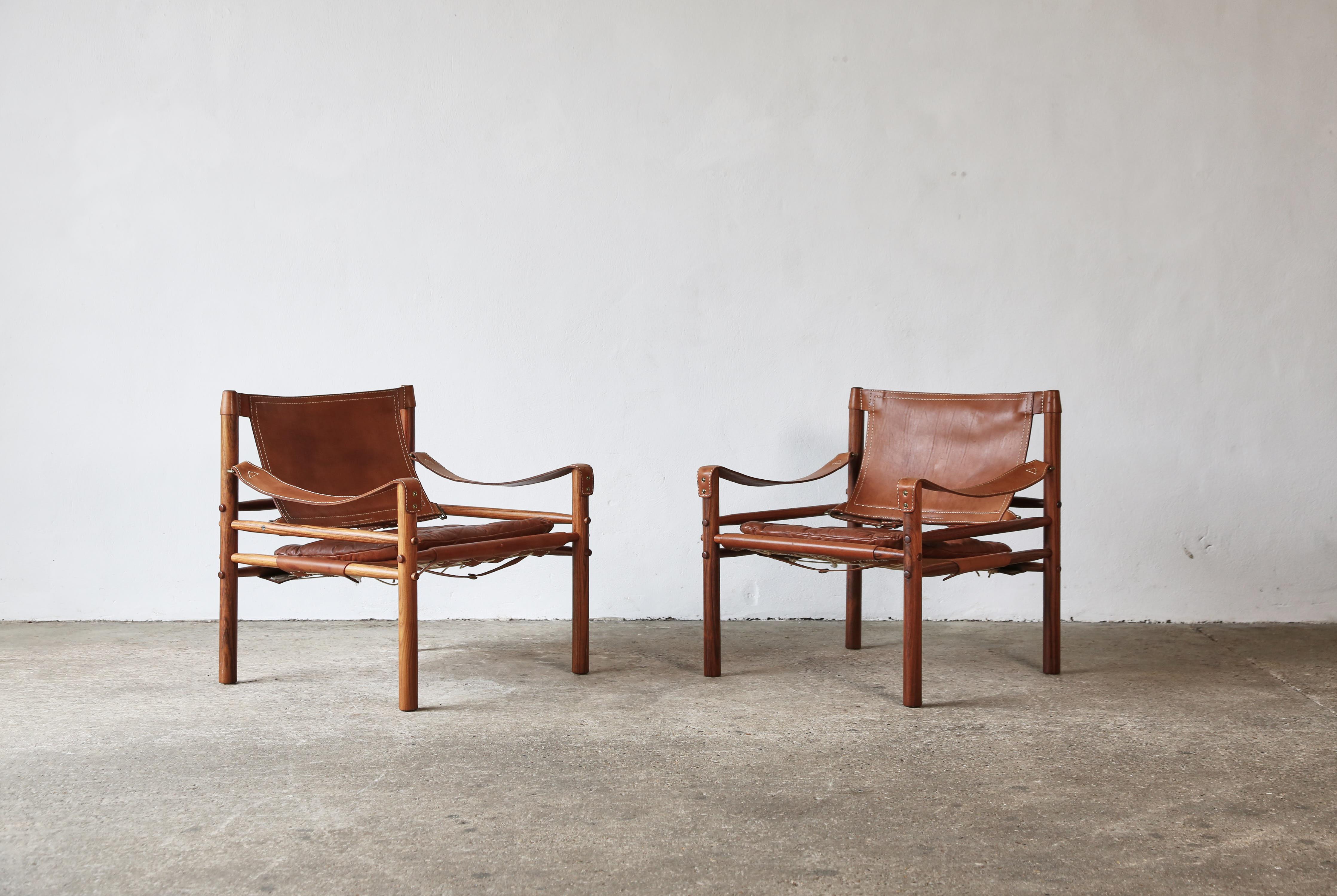 Mid-Century Modern Pair of Leather Arne Norell Safari 'Sirocco' Chairs, Sweden, 1970s