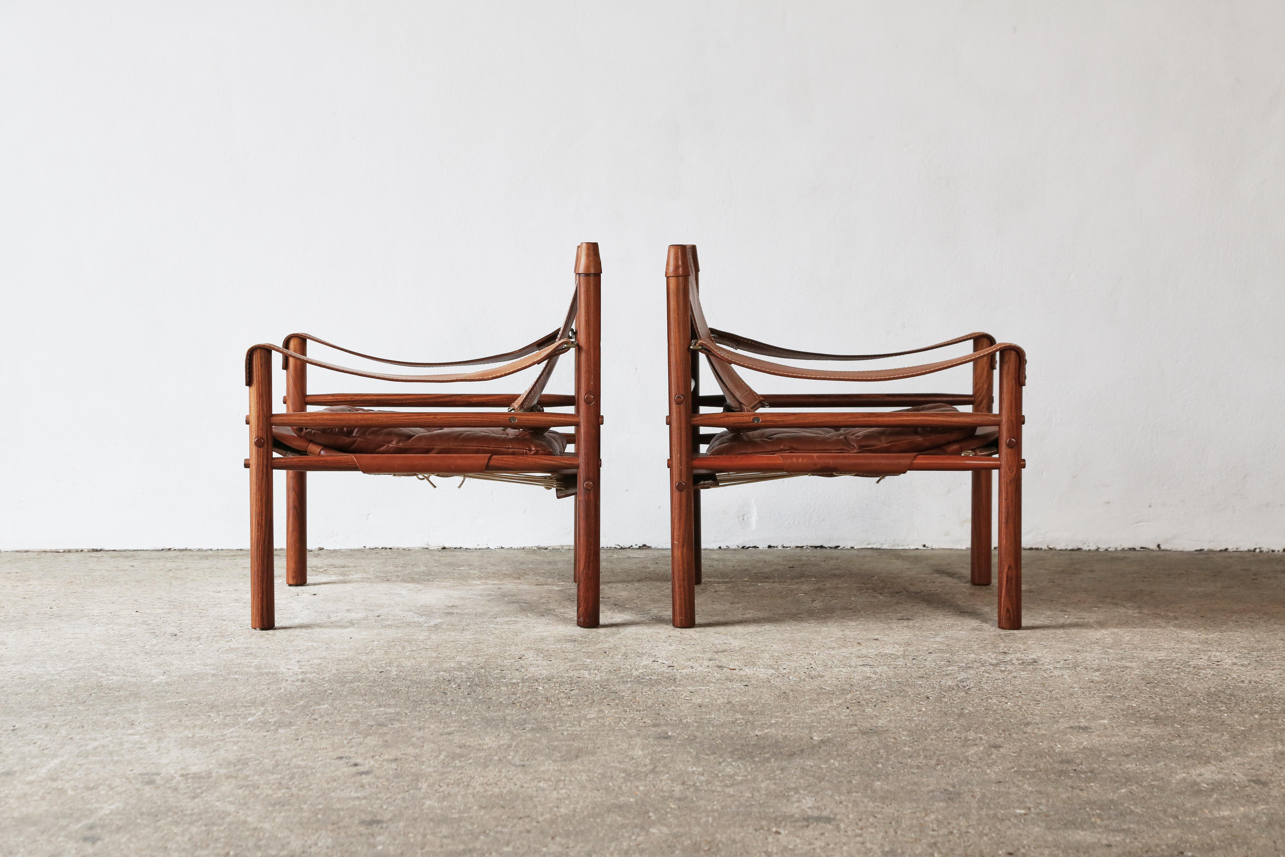 Brass Pair of Leather Arne Norell Safari 'Sirocco' Chairs, Sweden, 1970s