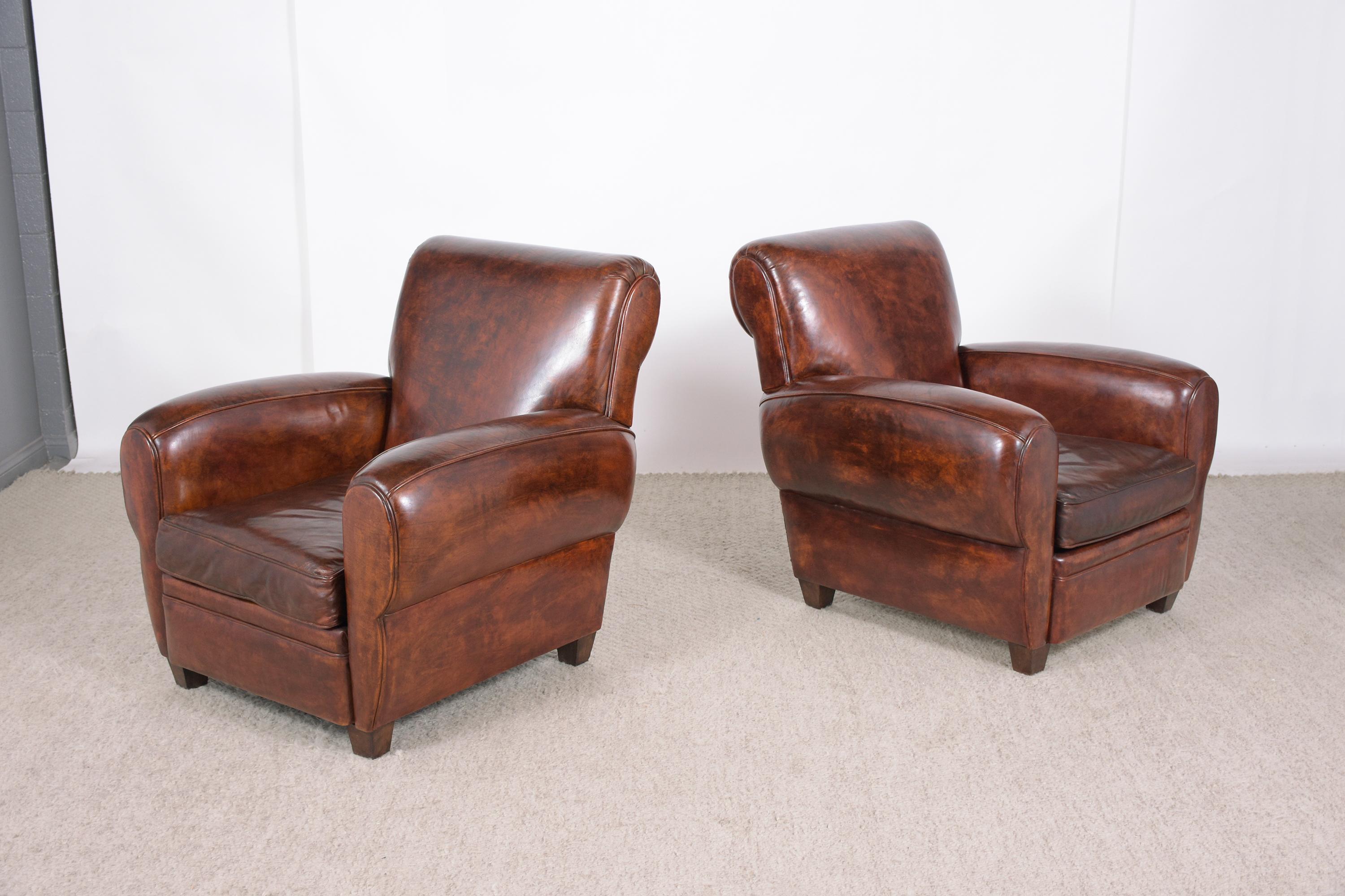 Belgian Pair of Leather Art Deco Club Chairs