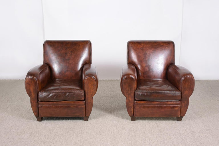 Carved Pair of Leather Art Deco Club Chairs