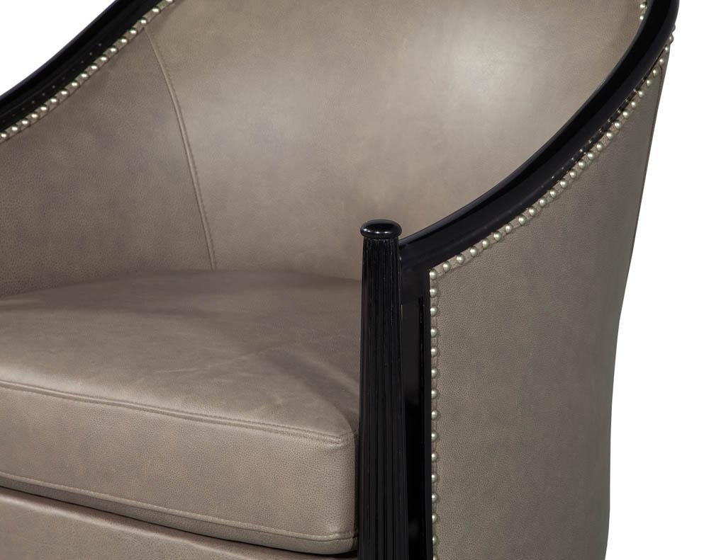 Contemporary Pair of Leather Art Deco Parlor Armchairs with Black Lacquer Finish