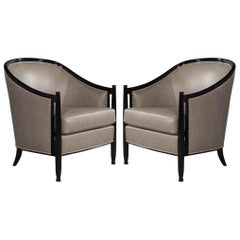 Pair of Leather Art Deco Parlor Armchairs with Black Lacquer Finish