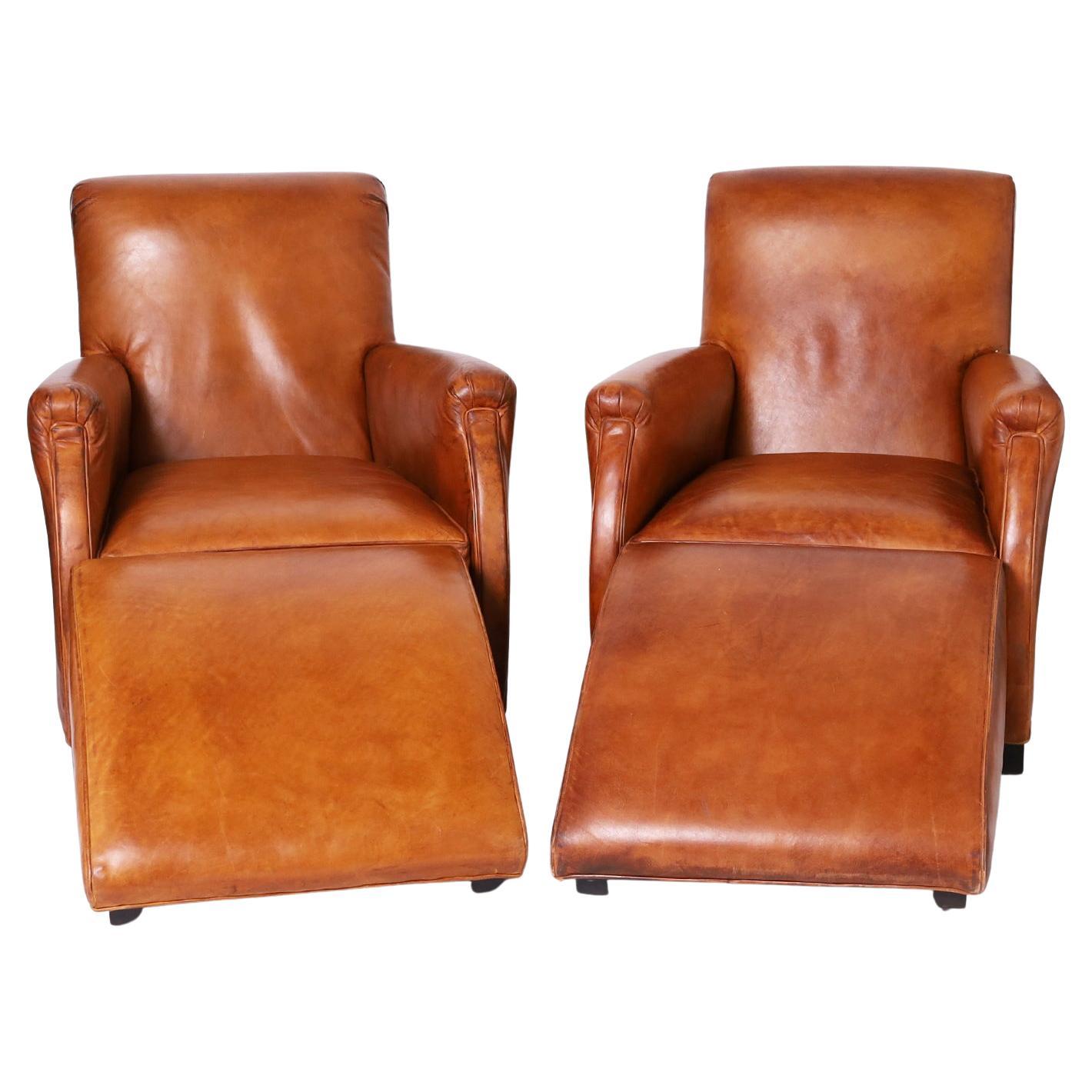 Pair of Leather Art Deco Style Lounge Chairs and Ottomans by William Allen For Sale