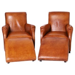 Vintage Pair of Leather Art Deco Style Lounge Chairs and Ottomans by William Allen
