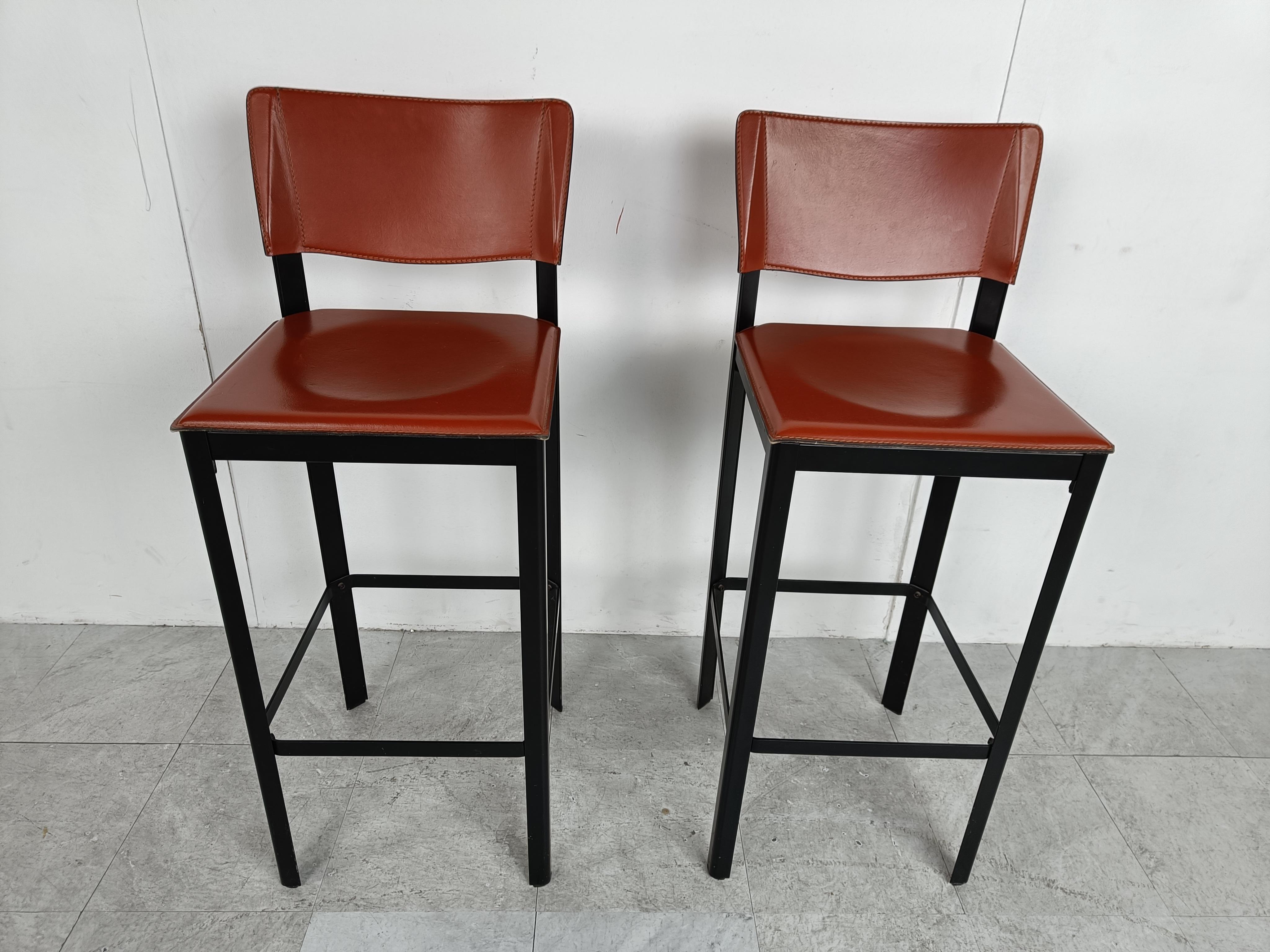 Mid-Century Modern Pair of Leather Bar Stools by Matteo Grassi, 1980s 