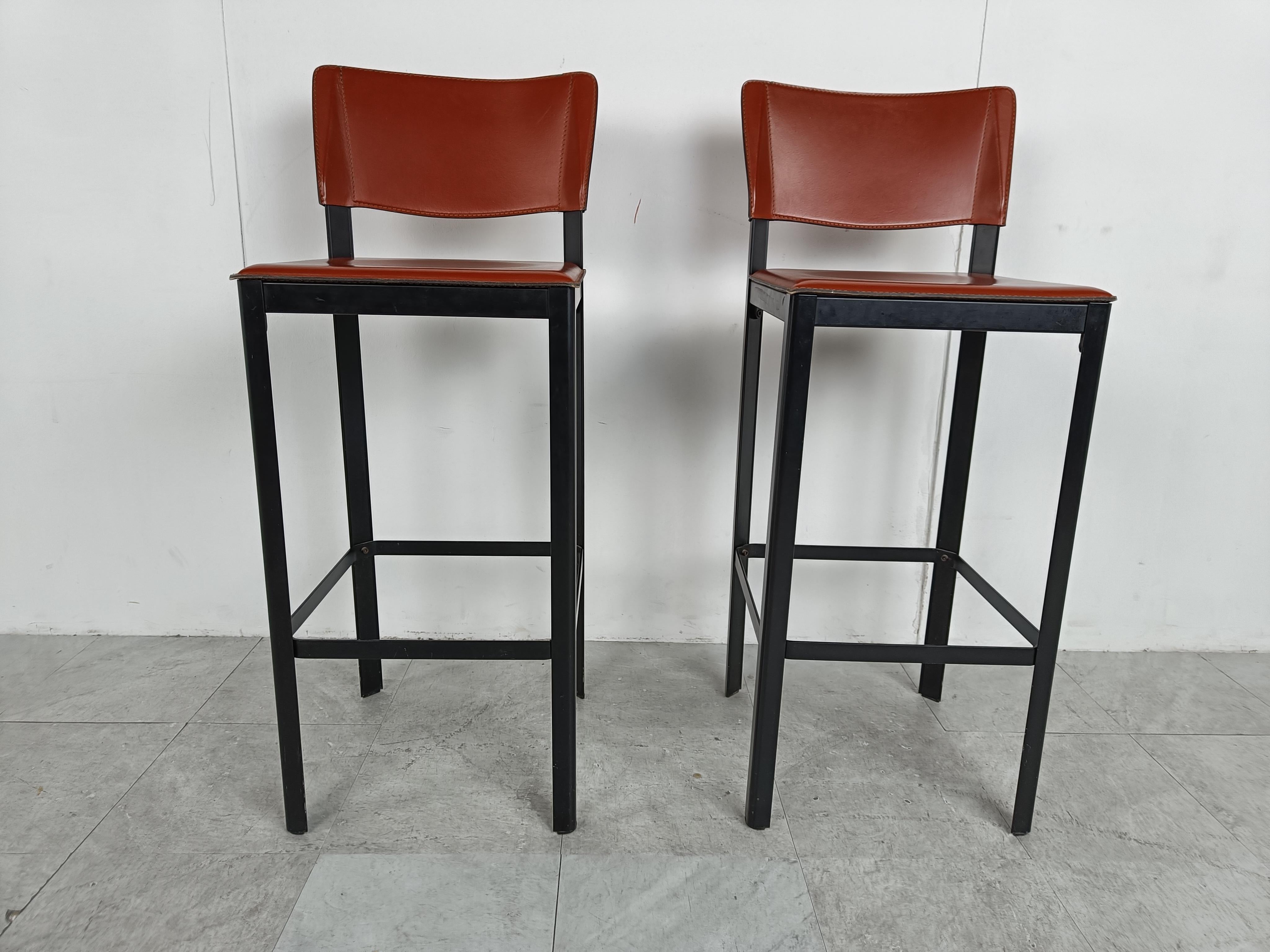 Italian Pair of Leather Bar Stools by Matteo Grassi, 1980s 