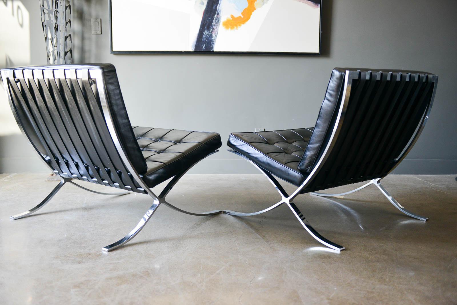 Mid-Century Modern Pair of Leather Barcelona Lounge Chairs with Ottoman, circa 1980