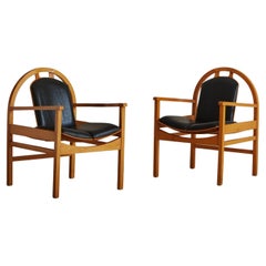 Pair of Leather + Beechwood Argos Lounge Chairs by Baumann, France, 1970s