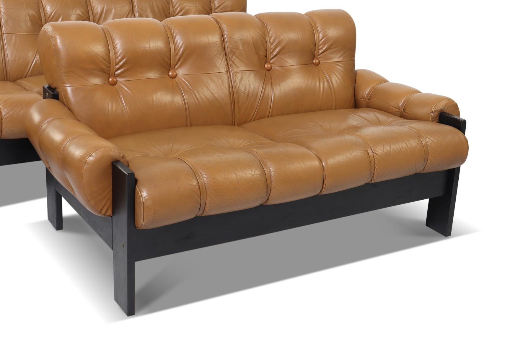 Finnish Pair of Leather + Black Lacquered Sofas by Uu-Vee Kaluste Oy For Sale