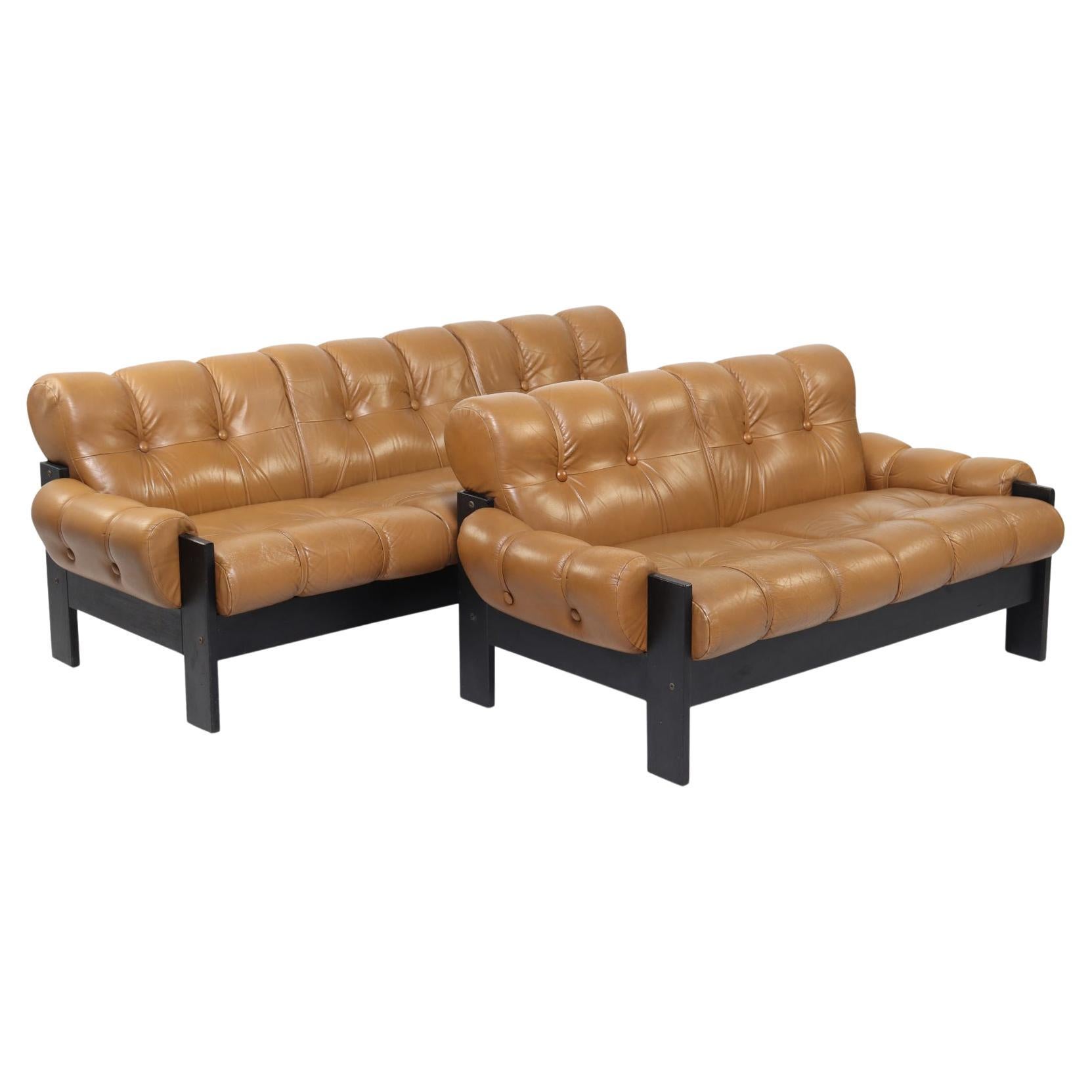 Pair of Leather + Black Lacquered Sofas by Uu-Vee Kaluste Oy For Sale